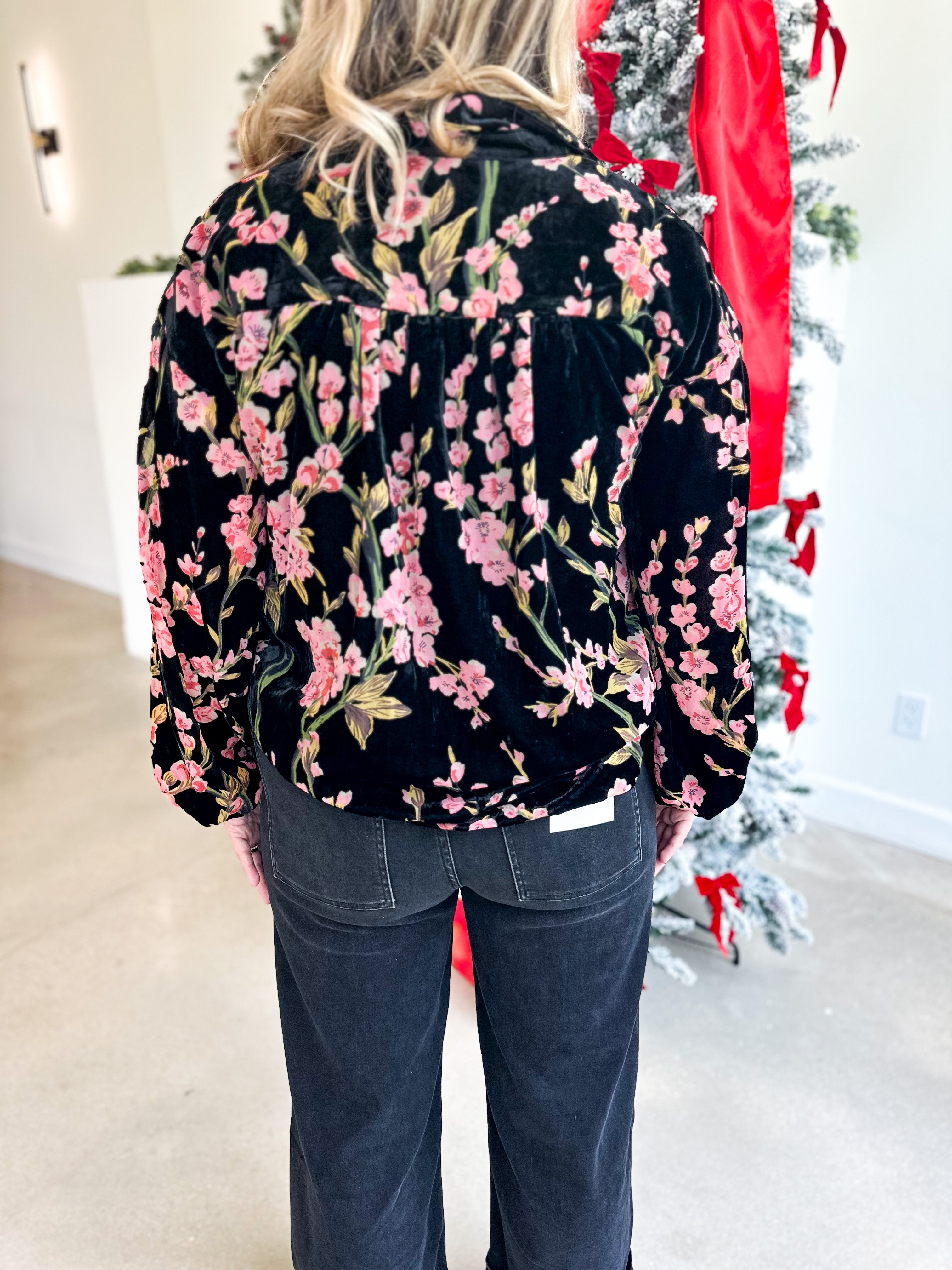 Velvet Floral Blouse - Black-200 Fashion Blouses-JODIFL-July & June Women's Fashion Boutique Located in San Antonio, Texas