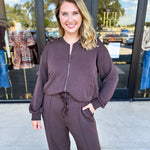 Soft Modal Bomber Jacket - Chocolate-300 Athleisure/Lounge-SKIES ARE BLUE-July & June Women's Fashion Boutique Located in San Antonio, Texas