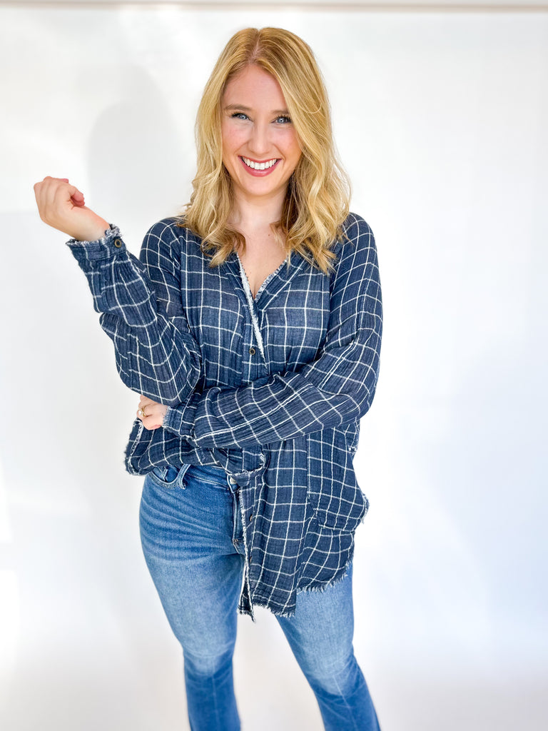 Distressed Checkered Button Down- Navy-200 Fashion Blouses-DAY + MOON-July & June Women's Fashion Boutique Located in San Antonio, Texas