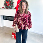 Velvet Floral Blouse - Burgundy-200 Fashion Blouses-JODIFL-July & June Women's Fashion Boutique Located in San Antonio, Texas