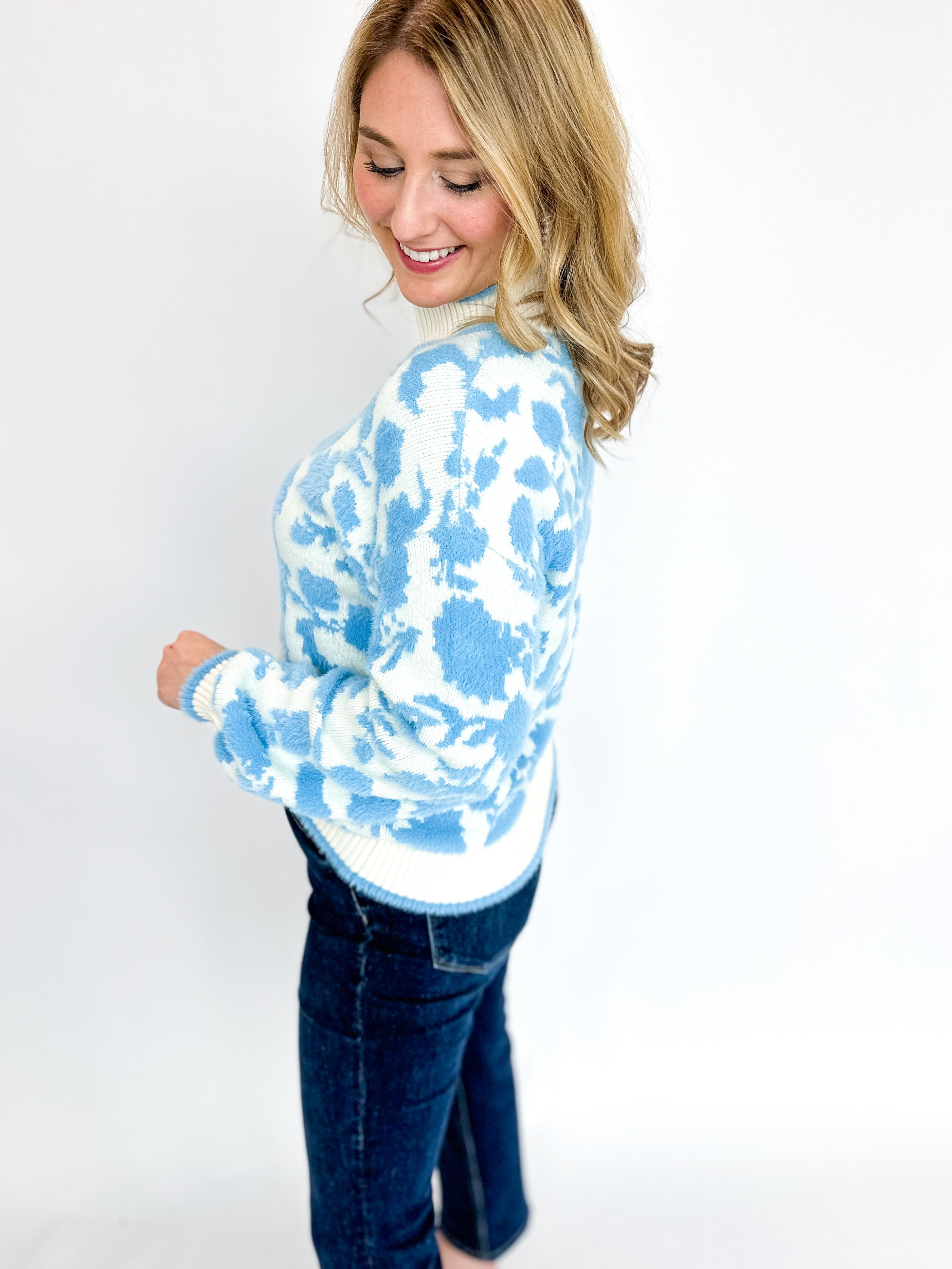Bold Blue Floral Sweater Top-230 Sweaters/Cardis-SEE AND BE SEEN-July & June Women's Fashion Boutique Located in San Antonio, Texas