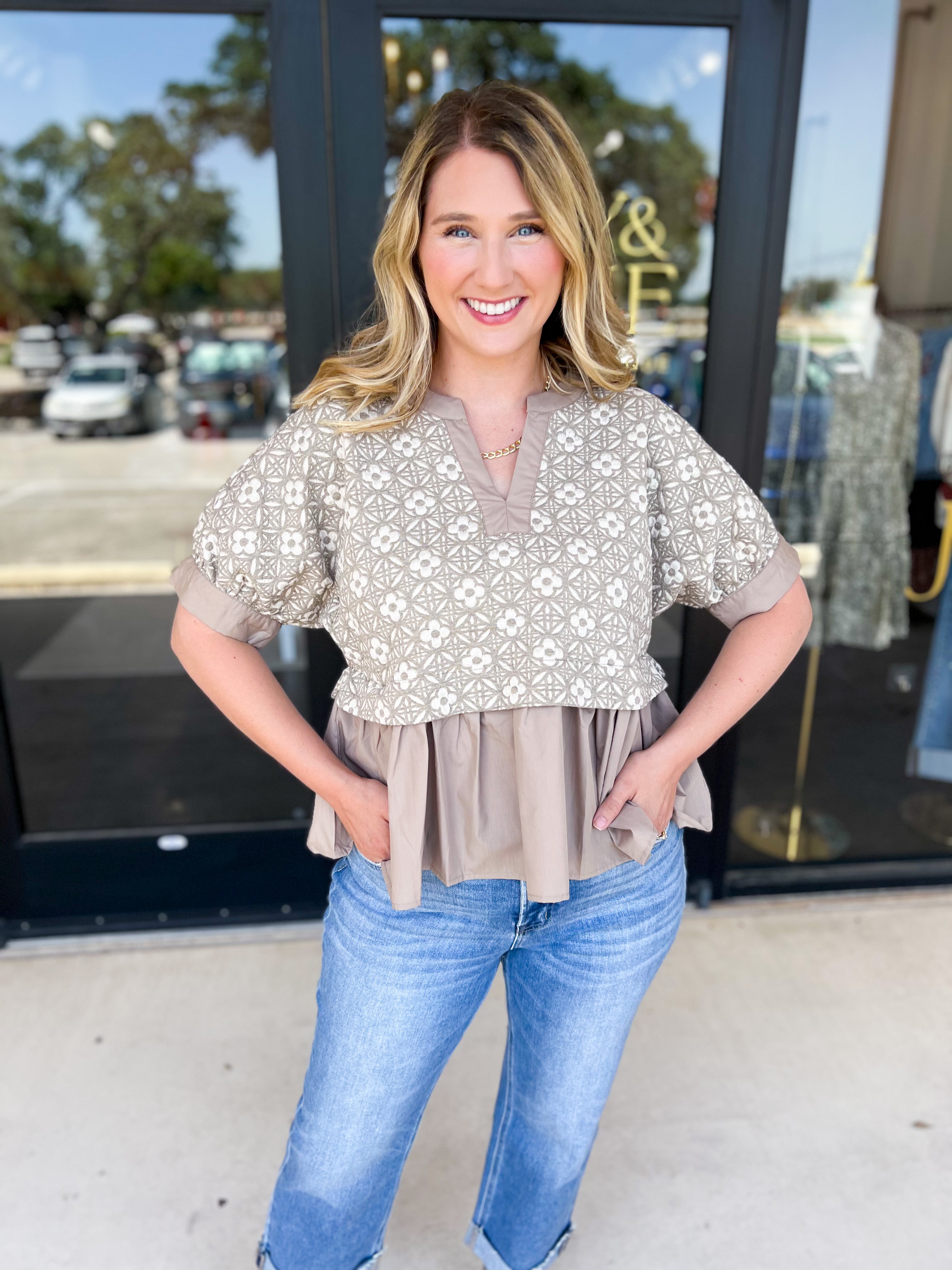 The Fall Peplum Top - Light Mocha-200 Fashion Blouses-ENTRO-July & June Women's Fashion Boutique Located in San Antonio, Texas