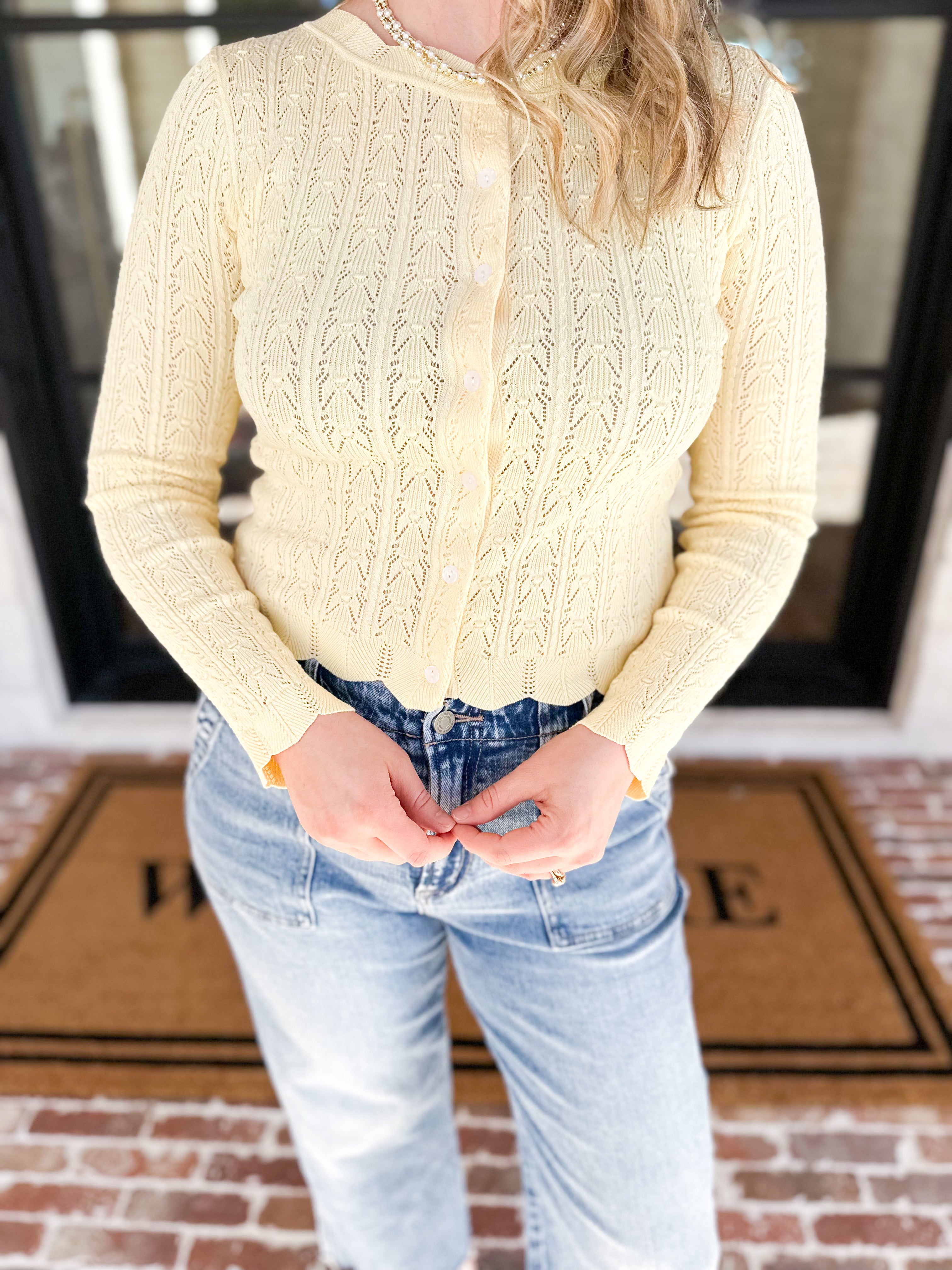 Pointelle Cardigan - Butter Yellow-230 Sweaters/Cardis-ALLIE ROSE-July & June Women's Fashion Boutique Located in San Antonio, Texas