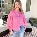 Pinstripe Bubble Sleeve Blouse - Pink-200 Fashion Blouses-FATE-July & June Women's Fashion Boutique Located in San Antonio, Texas