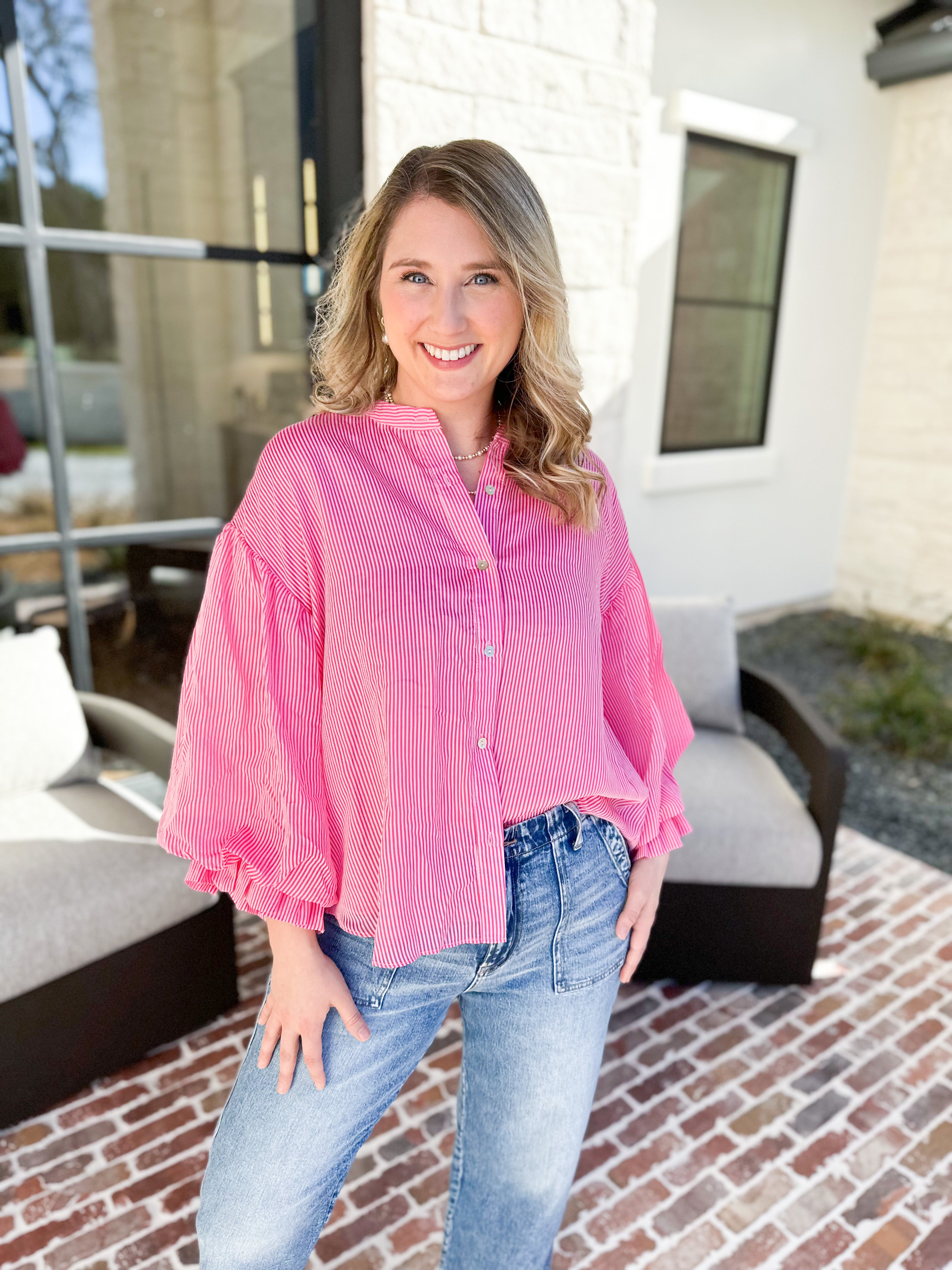 Pinstripe Bubble Sleeve Blouse - Pink-200 Fashion Blouses-FATE-July & June Women's Fashion Boutique Located in San Antonio, Texas