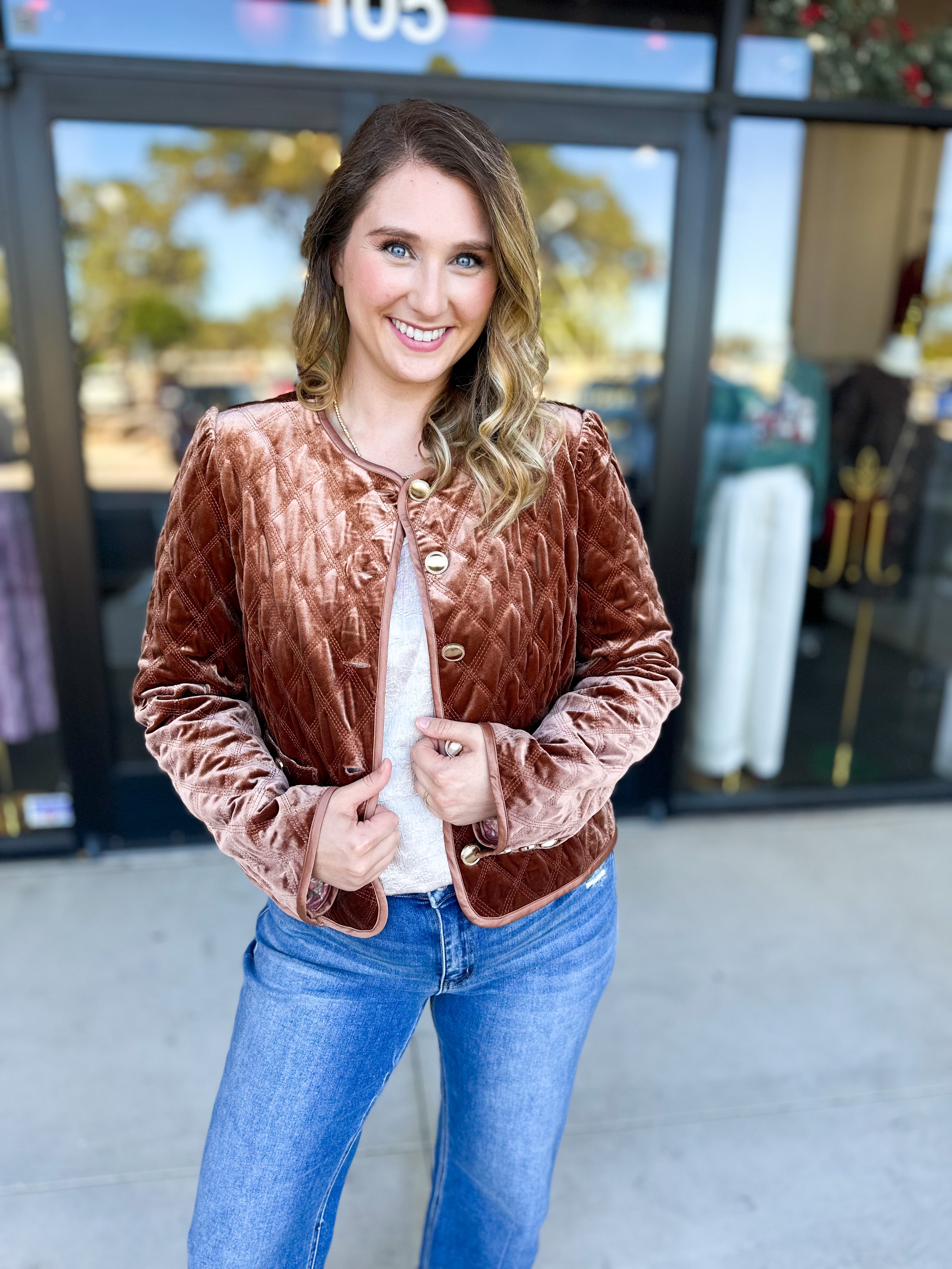 Golden Quilted Jacket-600 Outerwear-FATE-July & June Women's Fashion Boutique Located in San Antonio, Texas
