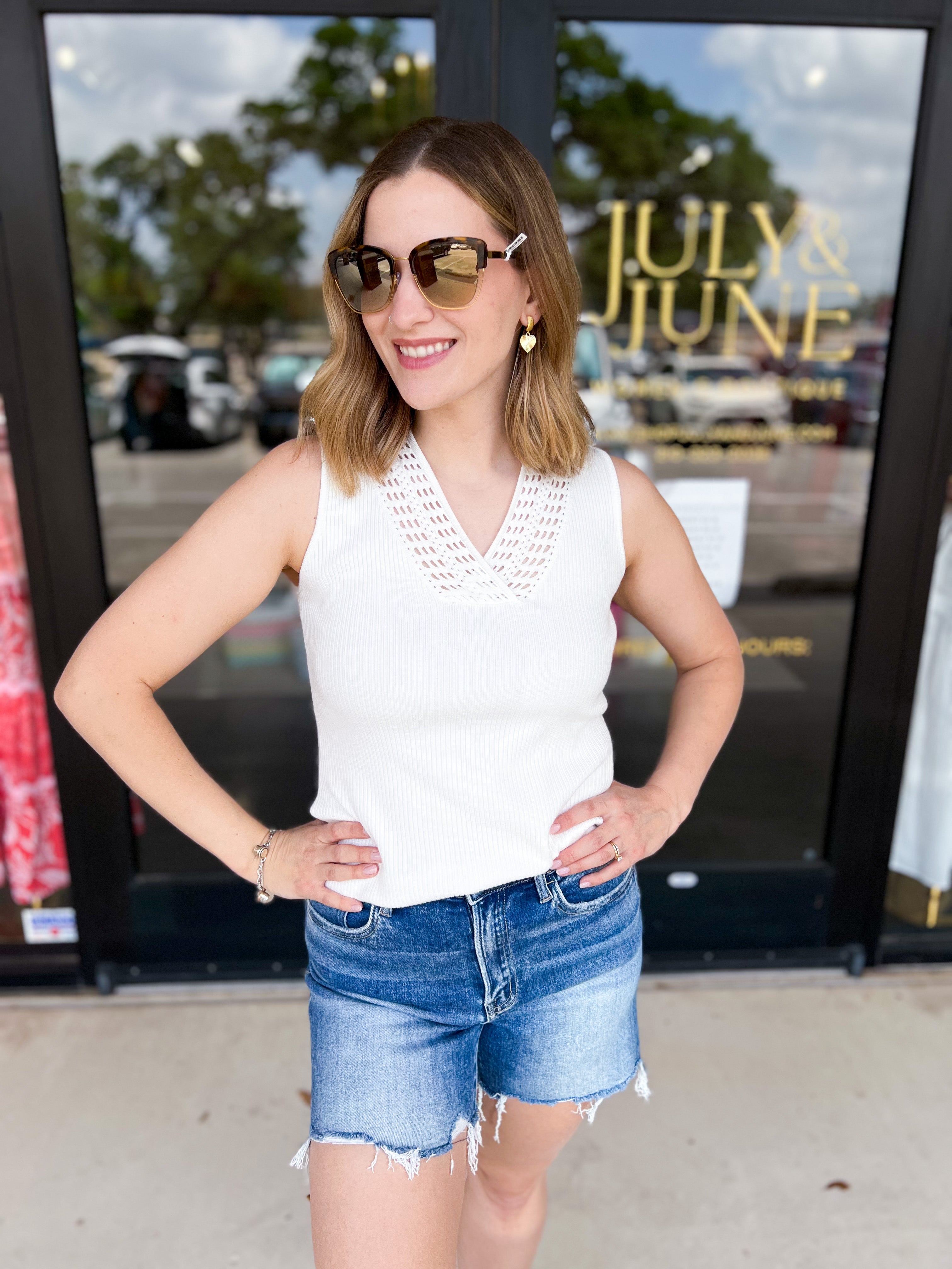 White V-Neck Knit Tank-200 Fashion Blouses-FATE-July & June Women's Fashion Boutique Located in San Antonio, Texas