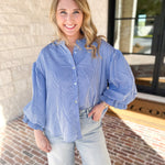 Pinstripe Bubble Sleeve Blouse - Baby Blue-200 Fashion Blouses-FATE-July & June Women's Fashion Boutique Located in San Antonio, Texas