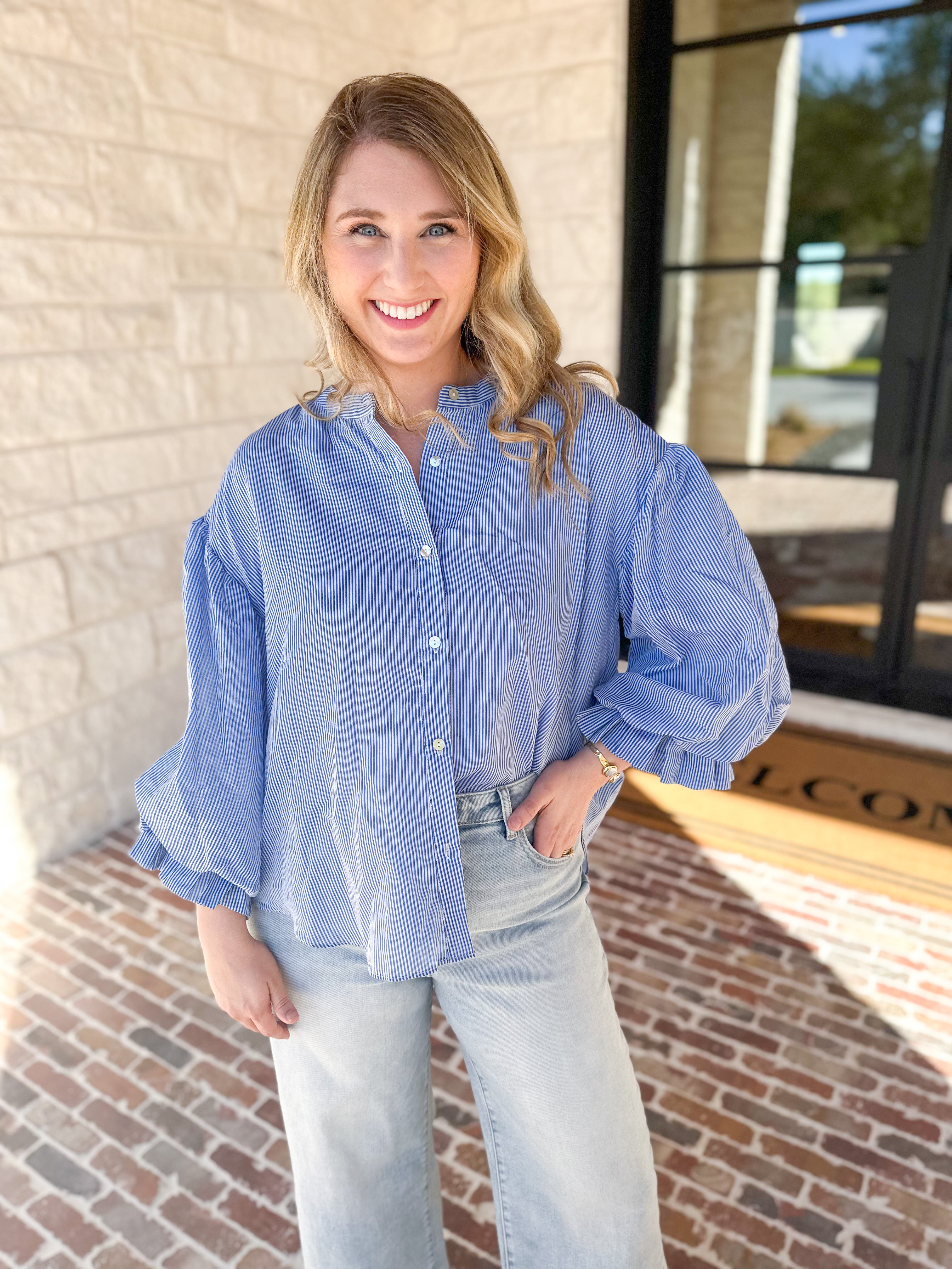 Pinstripe Bubble Sleeve Blouse - Baby Blue-200 Fashion Blouses-FATE-July & June Women's Fashion Boutique Located in San Antonio, Texas