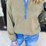 Olive & Denim Details Long Sleeve Top-210 Casual Blouses-JODIFL-July & June Women's Fashion Boutique Located in San Antonio, Texas
