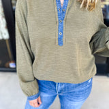 Olive & Denim Details Long Sleeve Top-210 Casual Blouses-JODIFL-July & June Women's Fashion Boutique Located in San Antonio, Texas