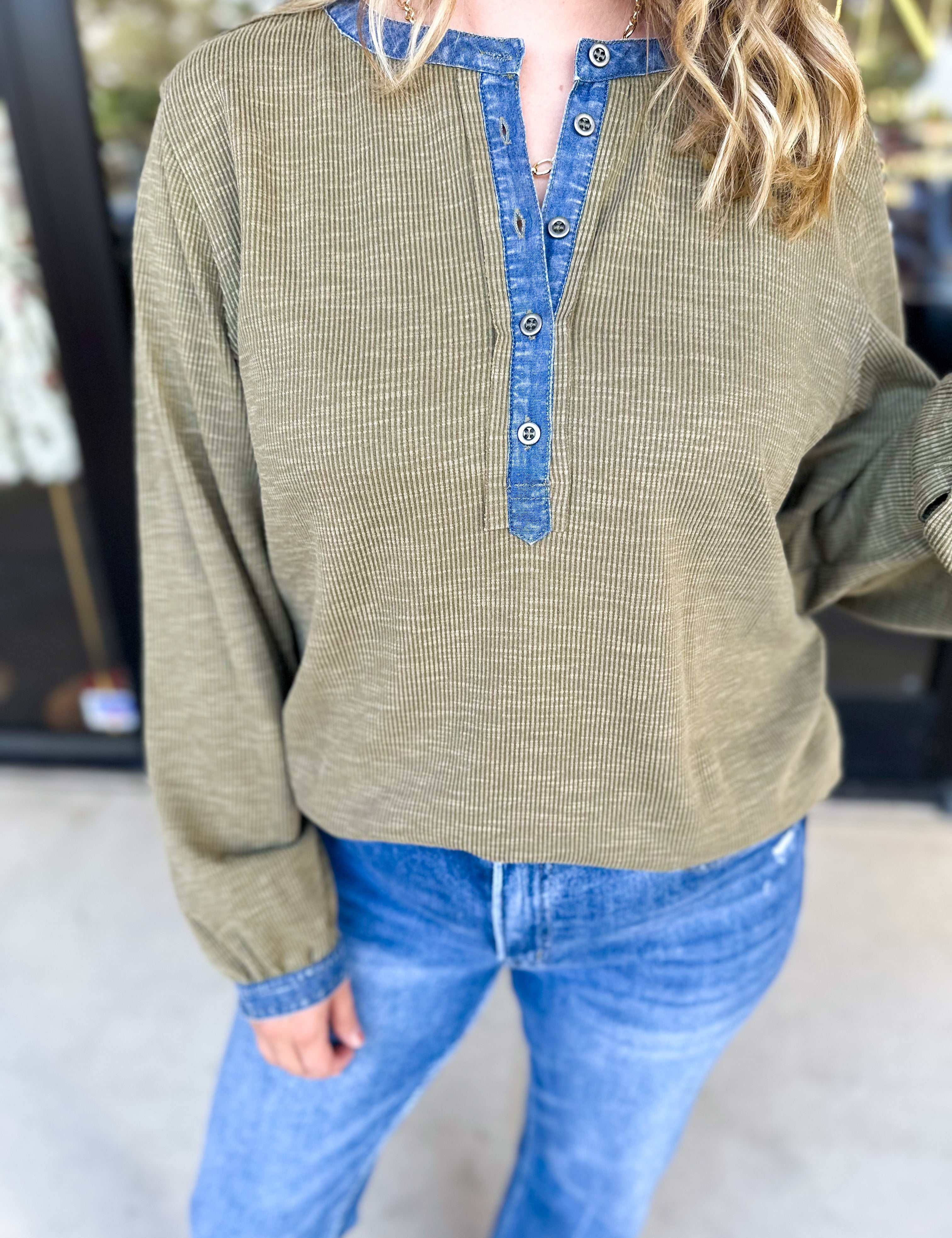 Olive & Denim Details Long Sleeve Top-210 Casual Blouses-JODIFL-July & June Women's Fashion Boutique Located in San Antonio, Texas