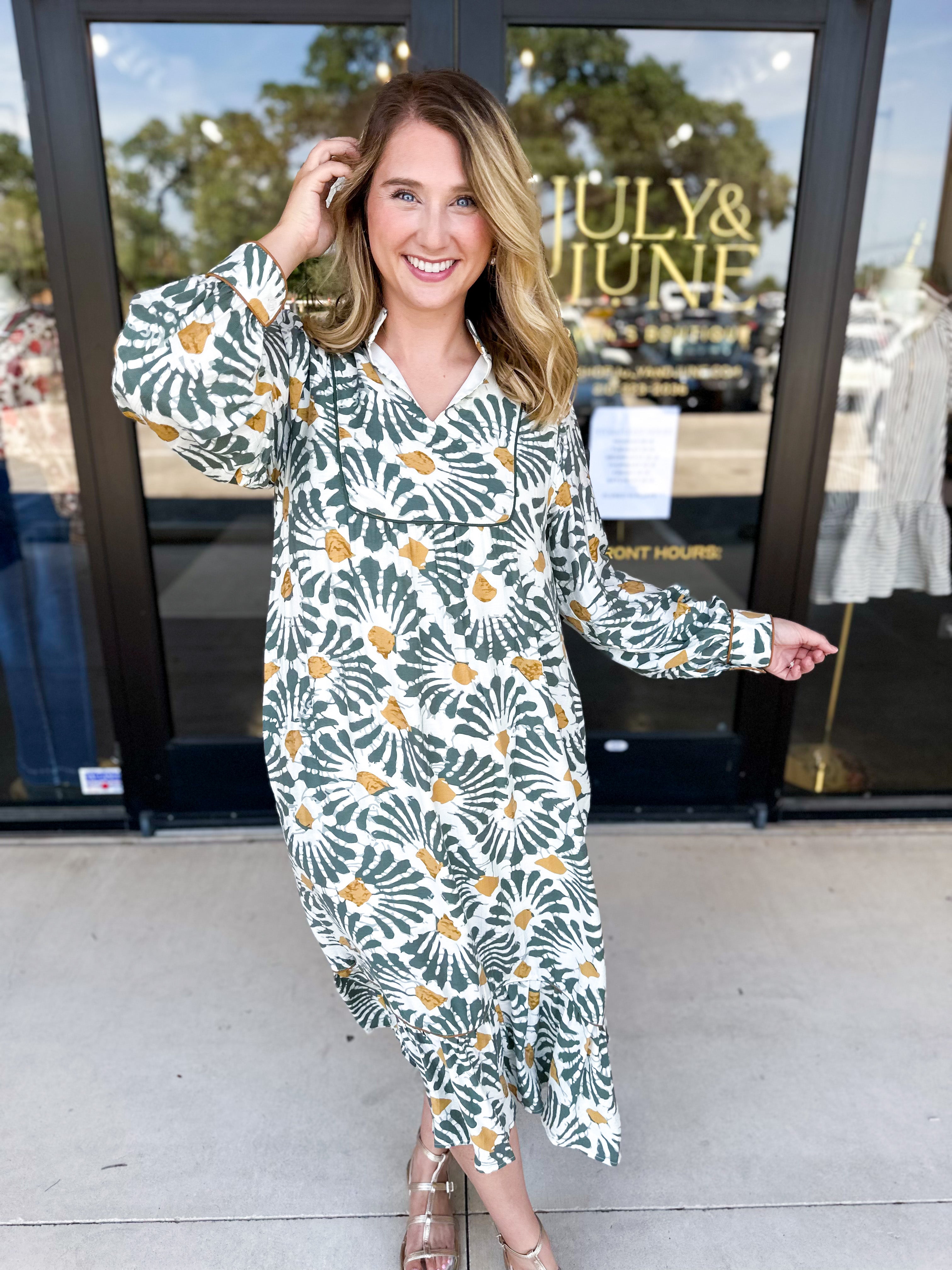 Sage & Mustard Abstract Midi Dress-500 Midi-JODIFL-July & June Women's Fashion Boutique Located in San Antonio, Texas