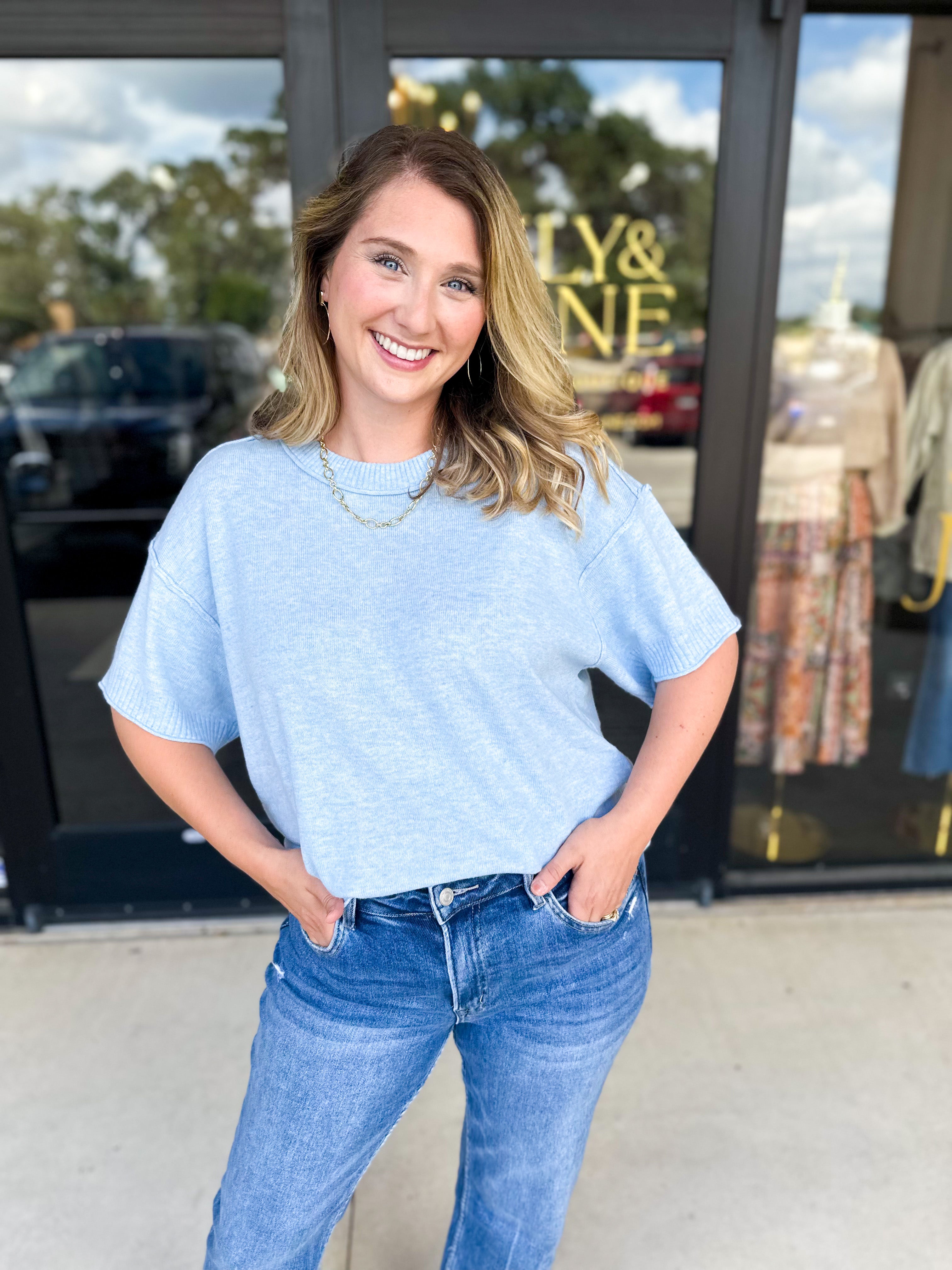 The Ella Knit Sweater Top - Powder Blue-230 Sweaters/Cardis-JODIFL-July & June Women's Fashion Boutique Located in San Antonio, Texas