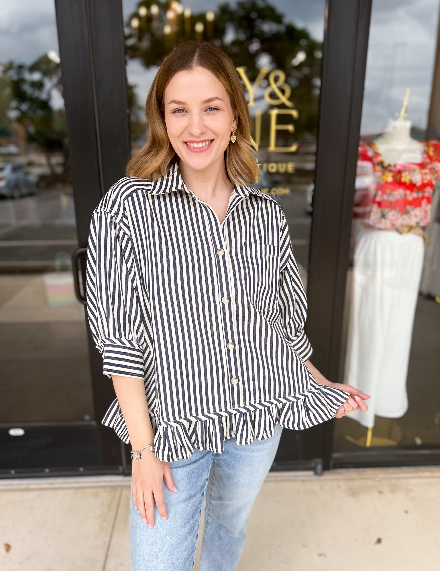 Sweetheart Denim Button Down - Navy-200 Fashion Blouses-FATE-July & June Women's Fashion Boutique Located in San Antonio, Texas