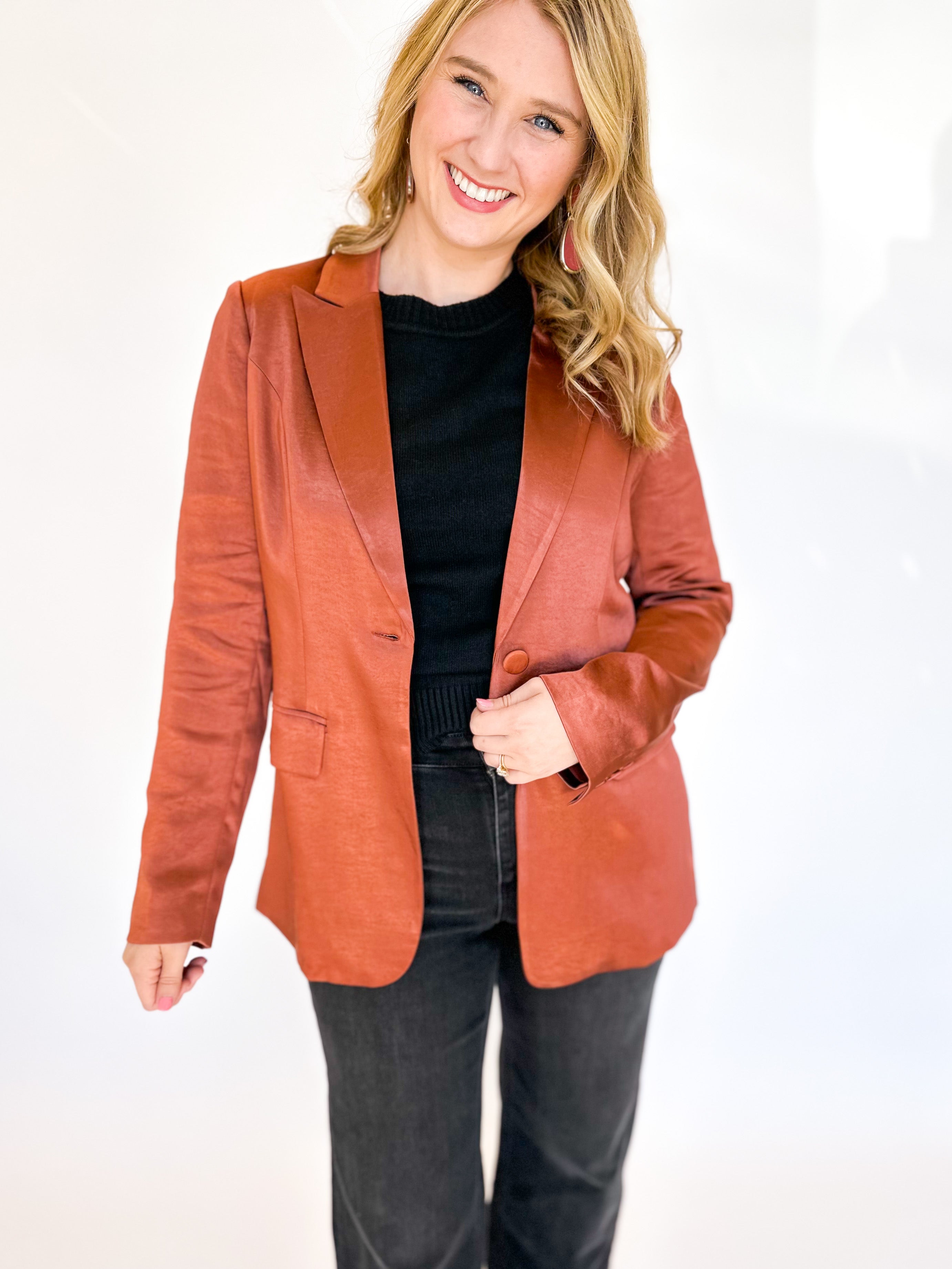 The It Girl Satin Blazer - Bronze-600 Outerwear-SKIES ARE BLUE-July & June Women's Fashion Boutique Located in San Antonio, Texas