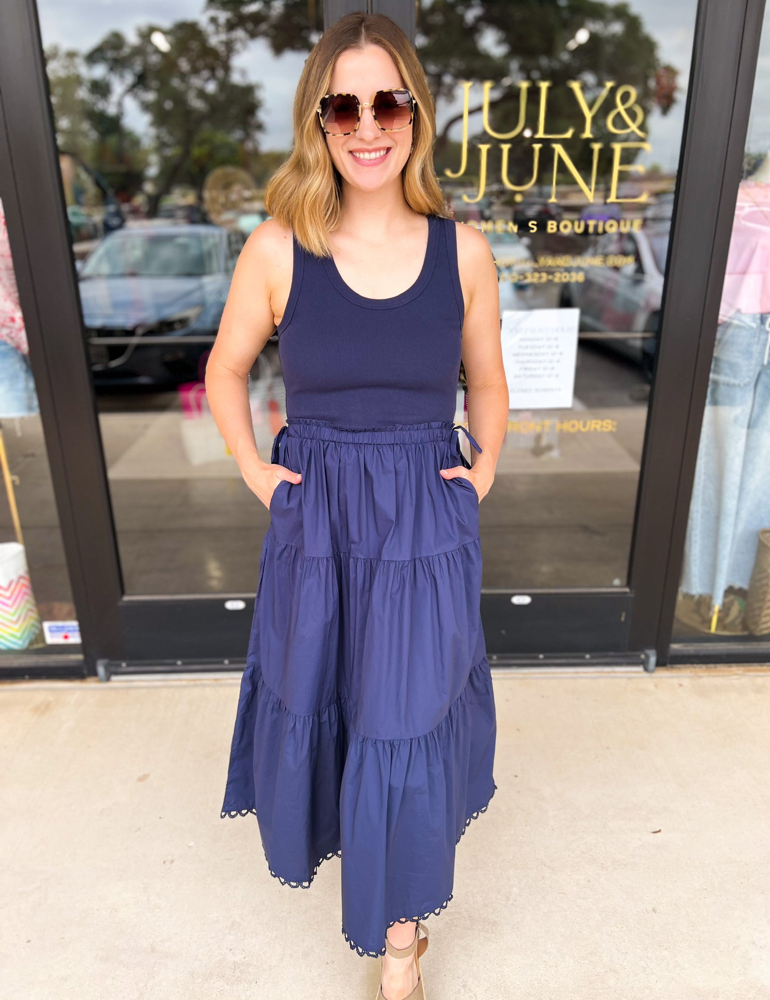 The Summertime Savvy Midi Dress - Navy-500 Midi-SKIES ARE BLUE-July & June Women's Fashion Boutique Located in San Antonio, Texas