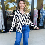 Retro Button Down Blouse-200 Fashion Blouses-SKIES ARE BLUE-July & June Women's Fashion Boutique Located in San Antonio, Texas