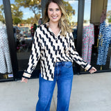 Retro Button Down Blouse-200 Fashion Blouses-SKIES ARE BLUE-July & June Women's Fashion Boutique Located in San Antonio, Texas