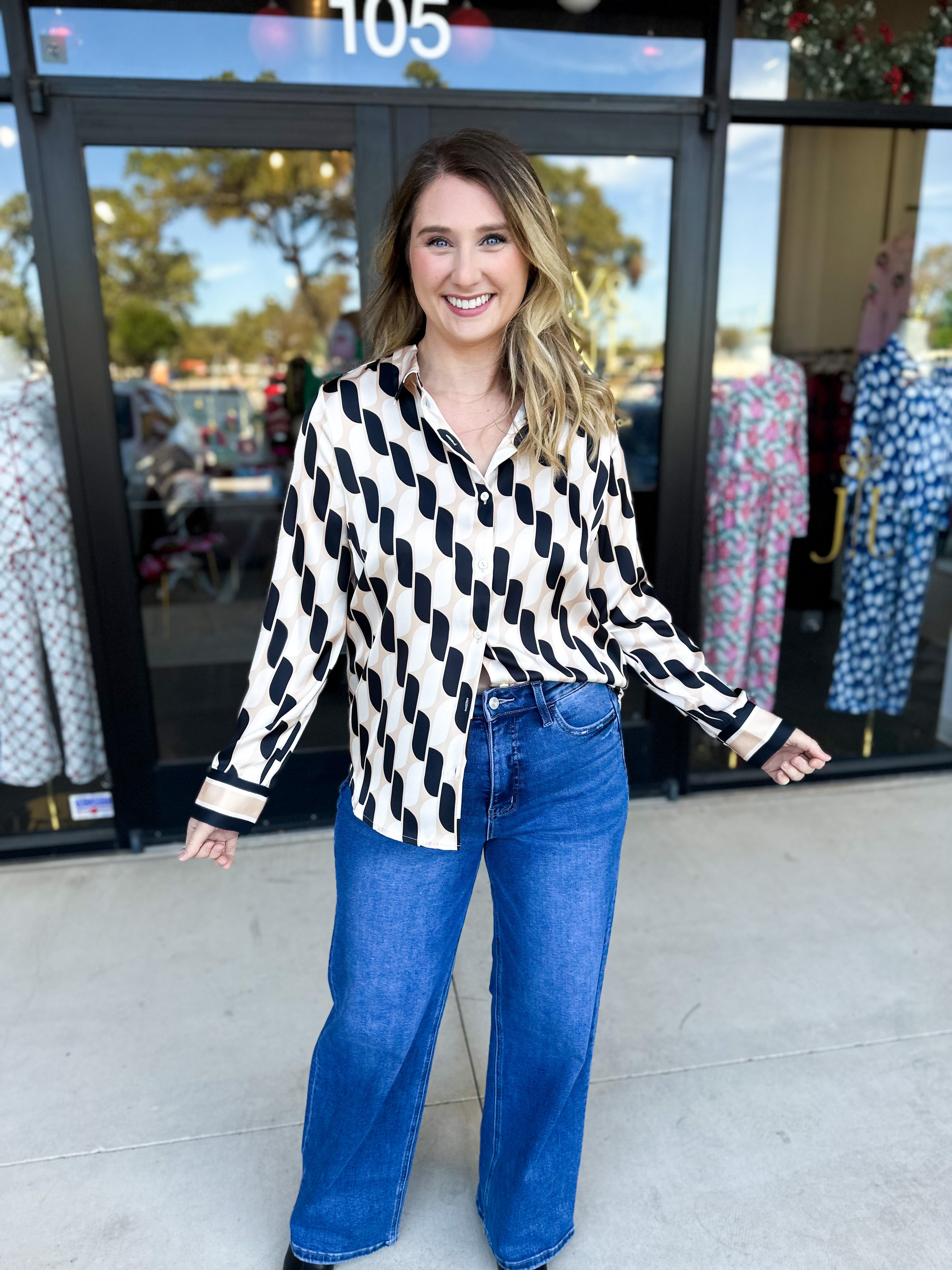 Retro Button Down Blouse-200 Fashion Blouses-SKIES ARE BLUE-July & June Women's Fashion Boutique Located in San Antonio, Texas