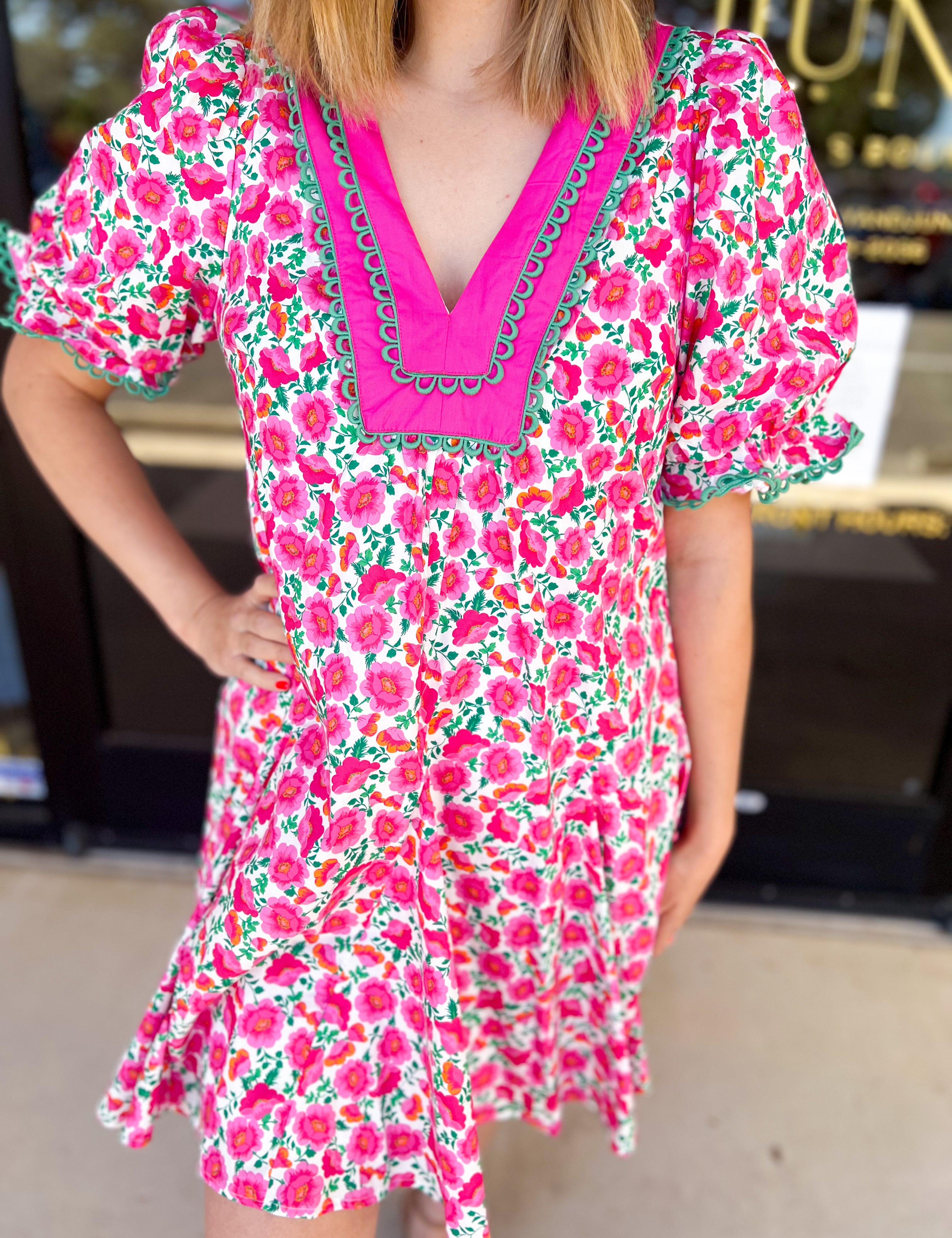Pink Floral Garden Mini Dress-510 Mini-ENTRO-July & June Women's Fashion Boutique Located in San Antonio, Texas
