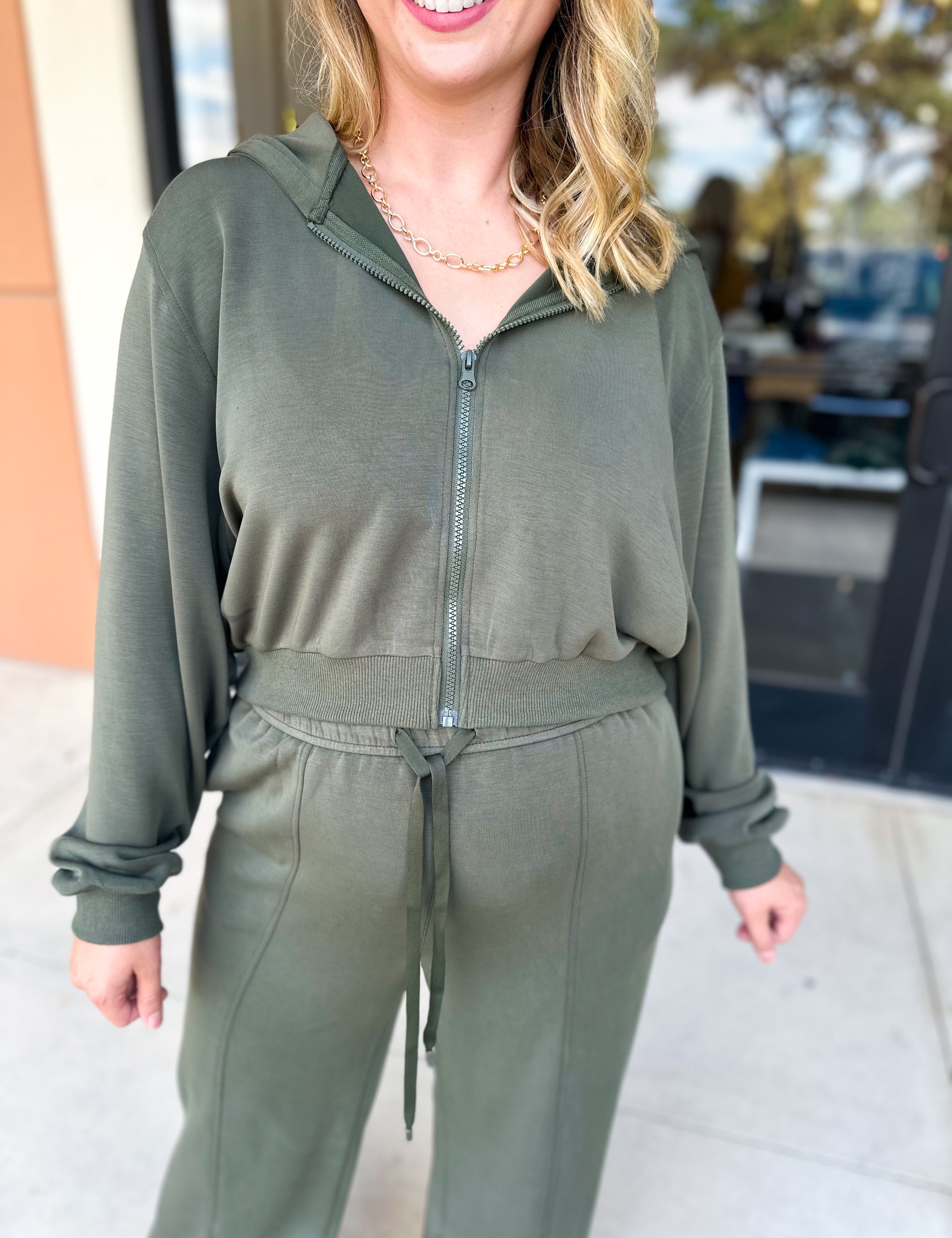 Soft Modal Hooded Jacket - Dark Olive-300 Athleisure/Lounge-SKIES ARE BLUE-July & June Women's Fashion Boutique Located in San Antonio, Texas