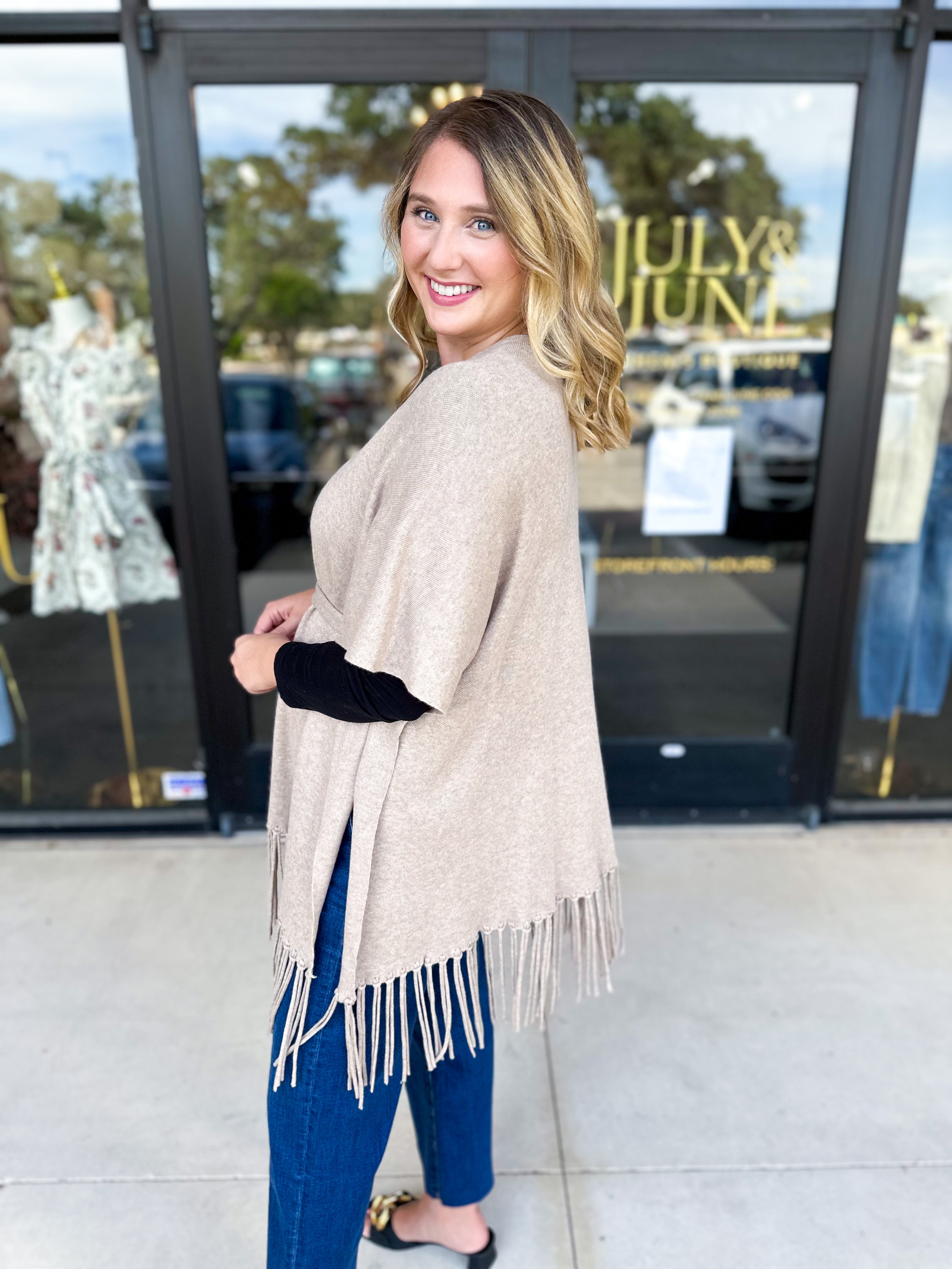 Oatmeal Fringe Wrap Cardigan-230 Sweaters/Cardis-SKIES ARE BLUE-July & June Women's Fashion Boutique Located in San Antonio, Texas