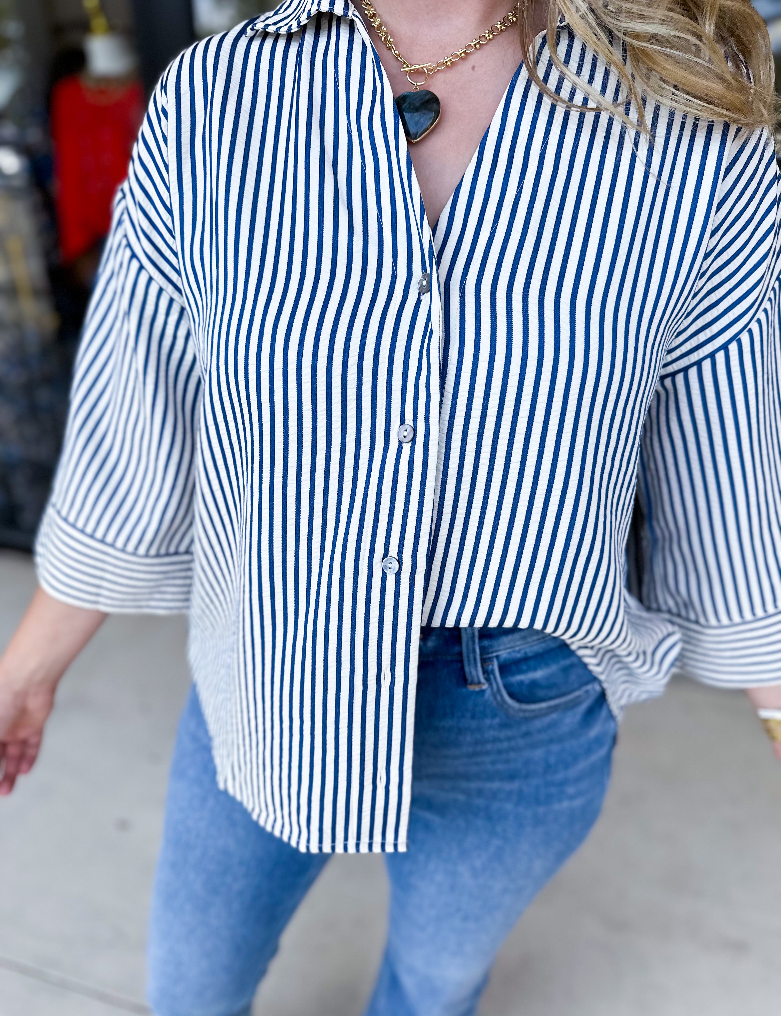 Chic Stripe Blouse - Indigo-200 Fashion Blouses-ENTRO-July & June Women's Fashion Boutique Located in San Antonio, Texas