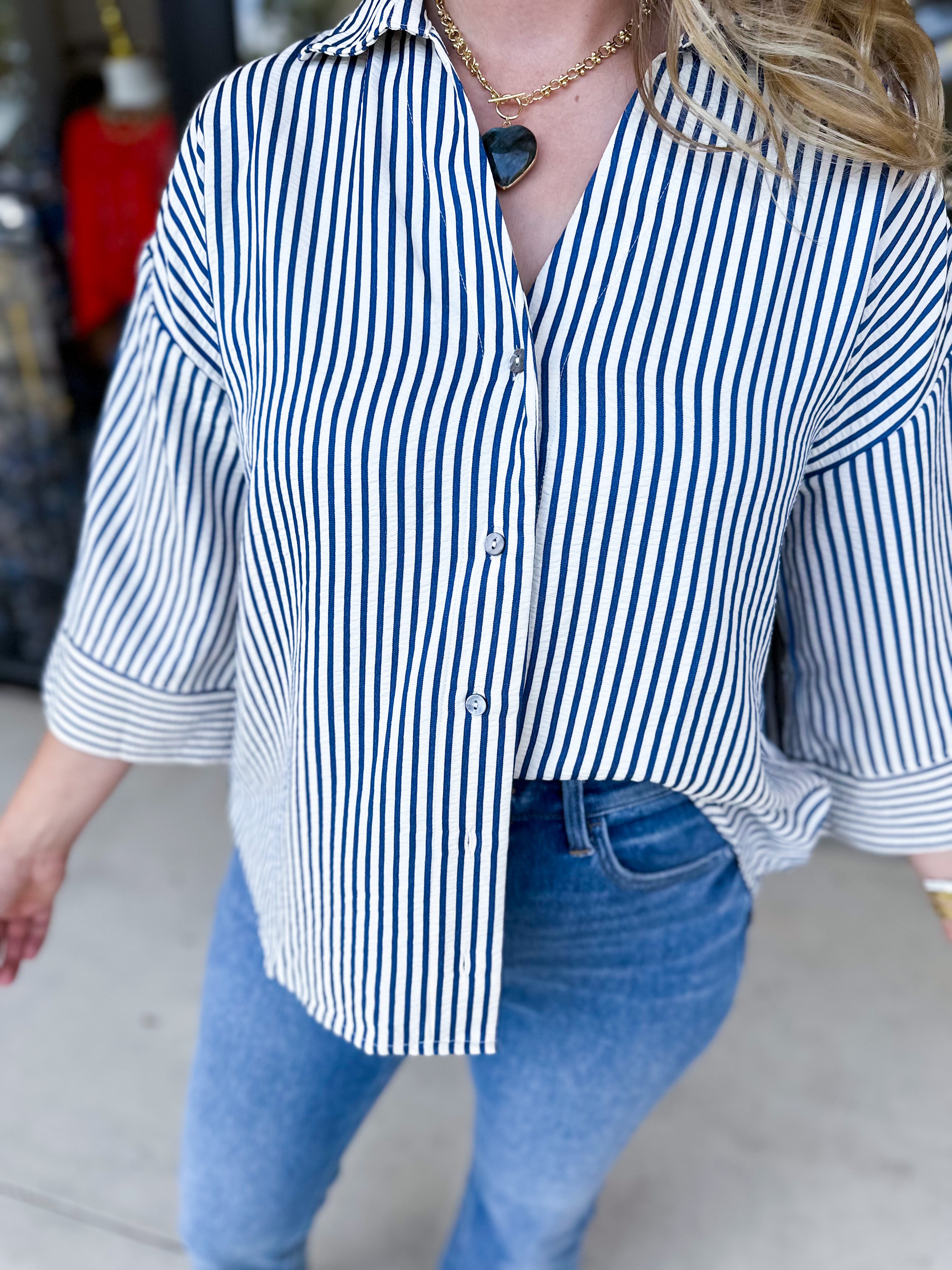Chic Stripe Blouse - Indigo-200 Fashion Blouses-ENTRO-July & June Women's Fashion Boutique Located in San Antonio, Texas