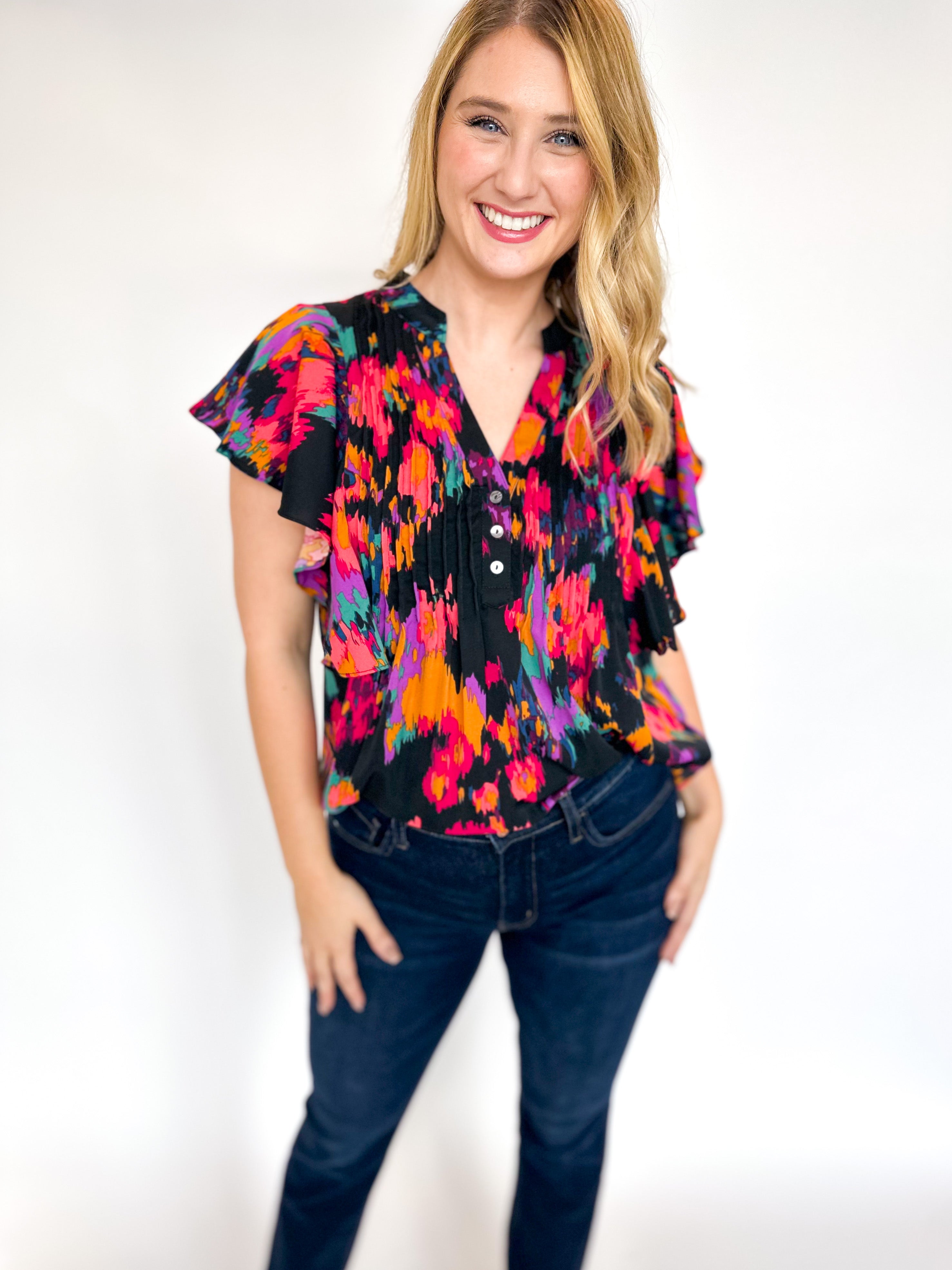 Abstract Ruffle Blouse- Black-200 Fashion Blouses-ENTRO-July & June Women's Fashion Boutique Located in San Antonio, Texas