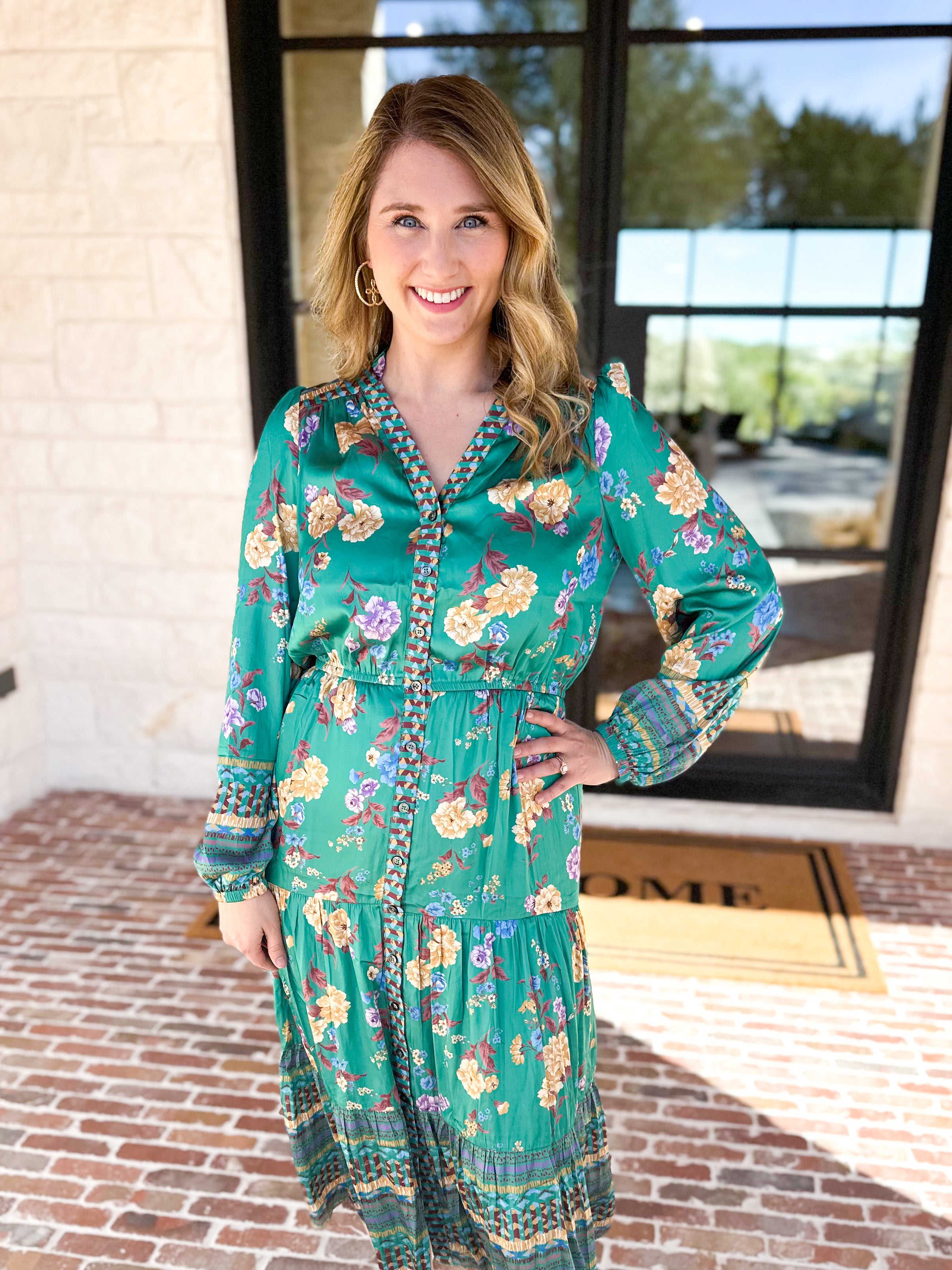 Current Air - Green Floral Satin Midi Dress-500 Midi-CURRENT AIR CLOTHING-July & June Women's Fashion Boutique Located in San Antonio, Texas