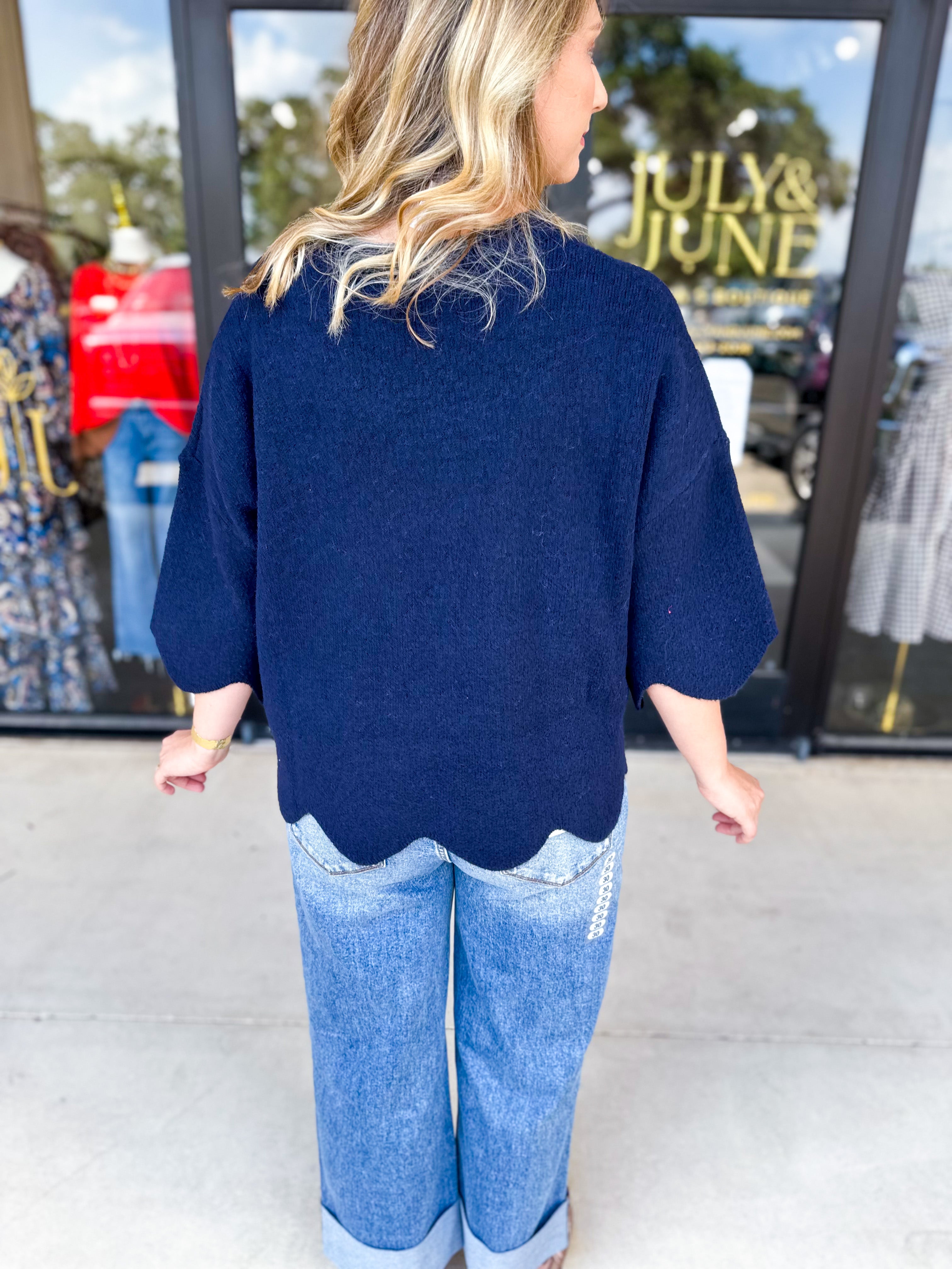 Scalloped Sweater Top - Navy-230 Sweaters/Cardis-ENTRO-July & June Women's Fashion Boutique Located in San Antonio, Texas