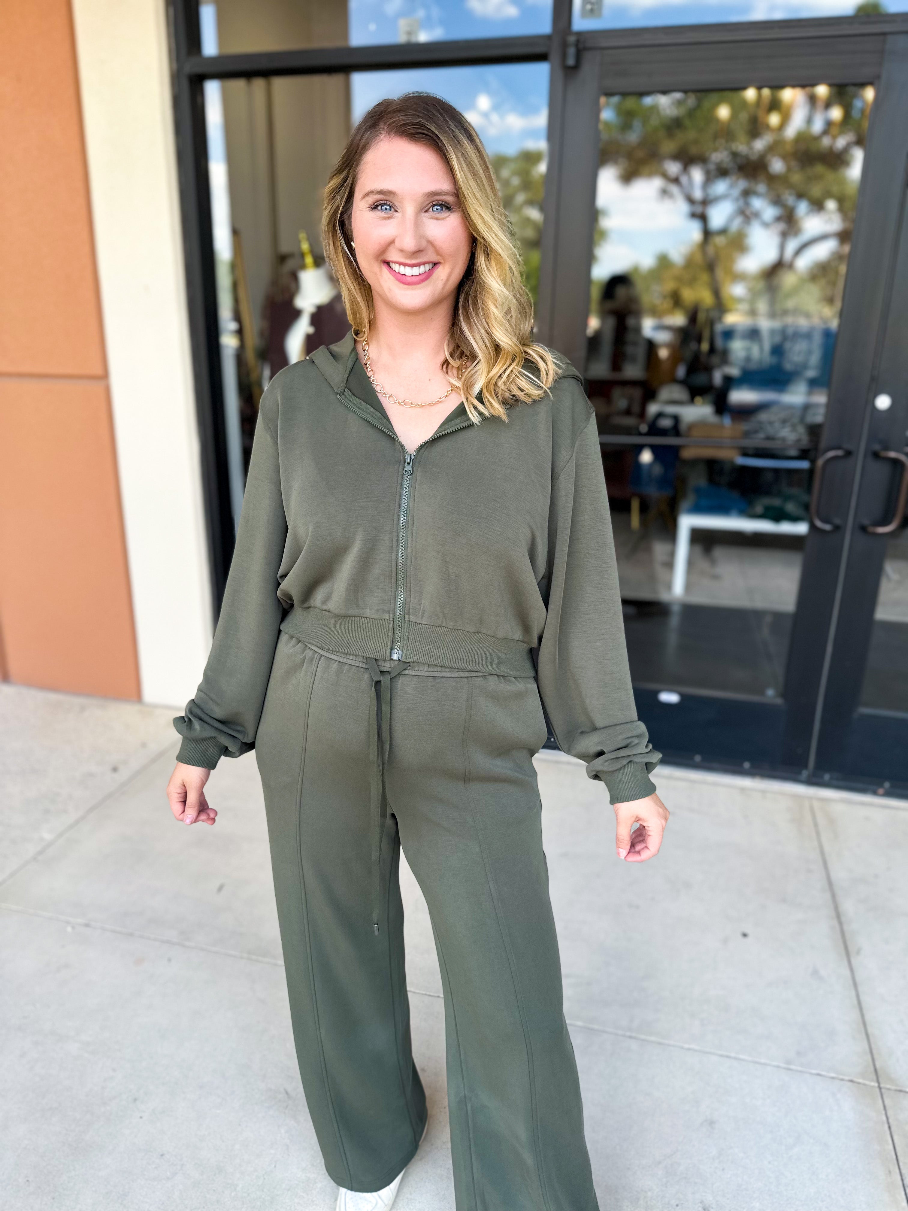 Soft Modal Hooded Jacket - Dark Olive-300 Athleisure/Lounge-SKIES ARE BLUE-July & June Women's Fashion Boutique Located in San Antonio, Texas