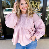 The Lace Details Blouse Long Sleeve - Blush-200 Fashion Blouses-FATE-July & June Women's Fashion Boutique Located in San Antonio, Texas