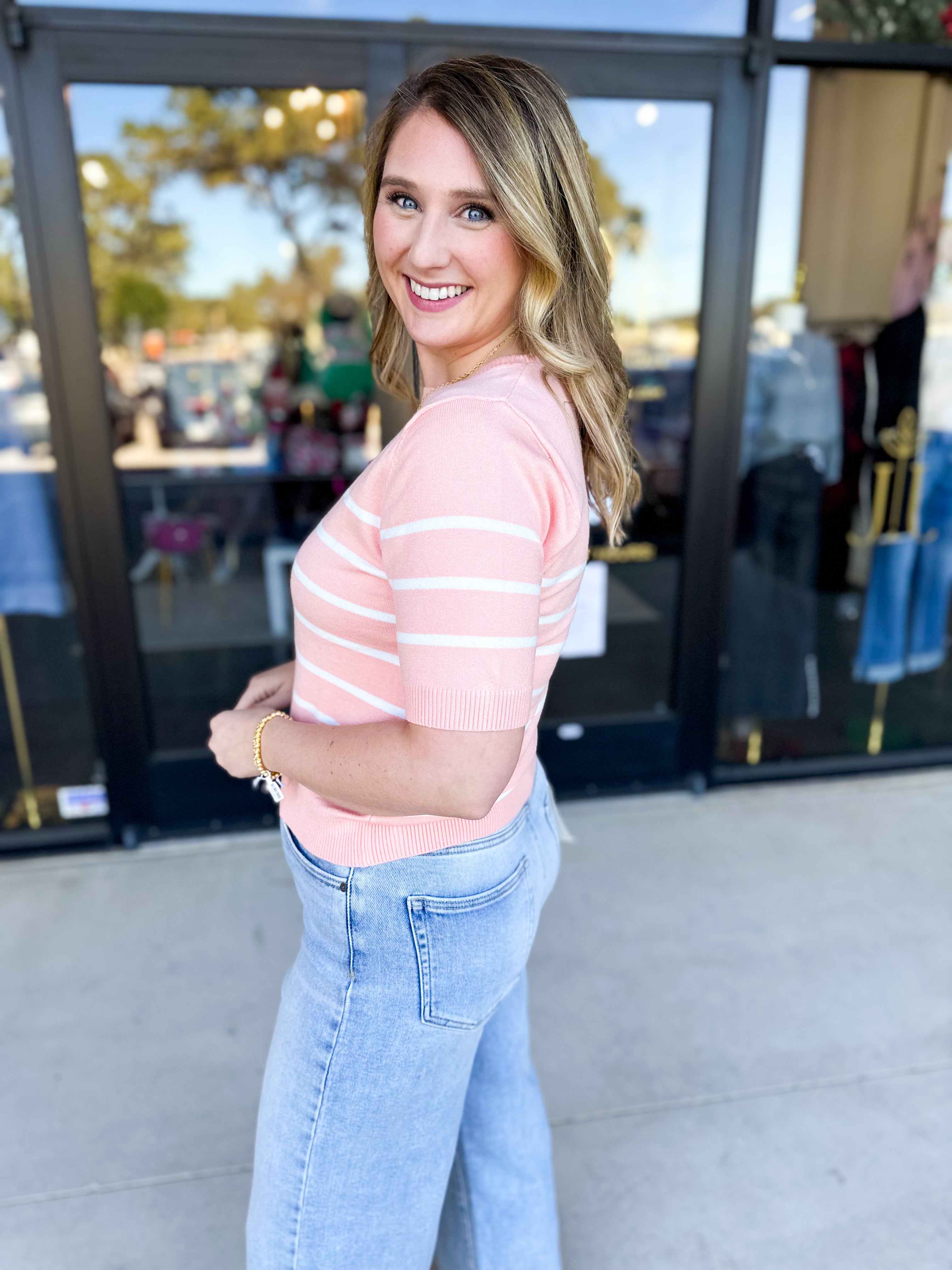 Short Sleeve Stripped Sweater Top - Melon-230 Sweaters/Cardis-ALLIE ROSE-July & June Women's Fashion Boutique Located in San Antonio, Texas