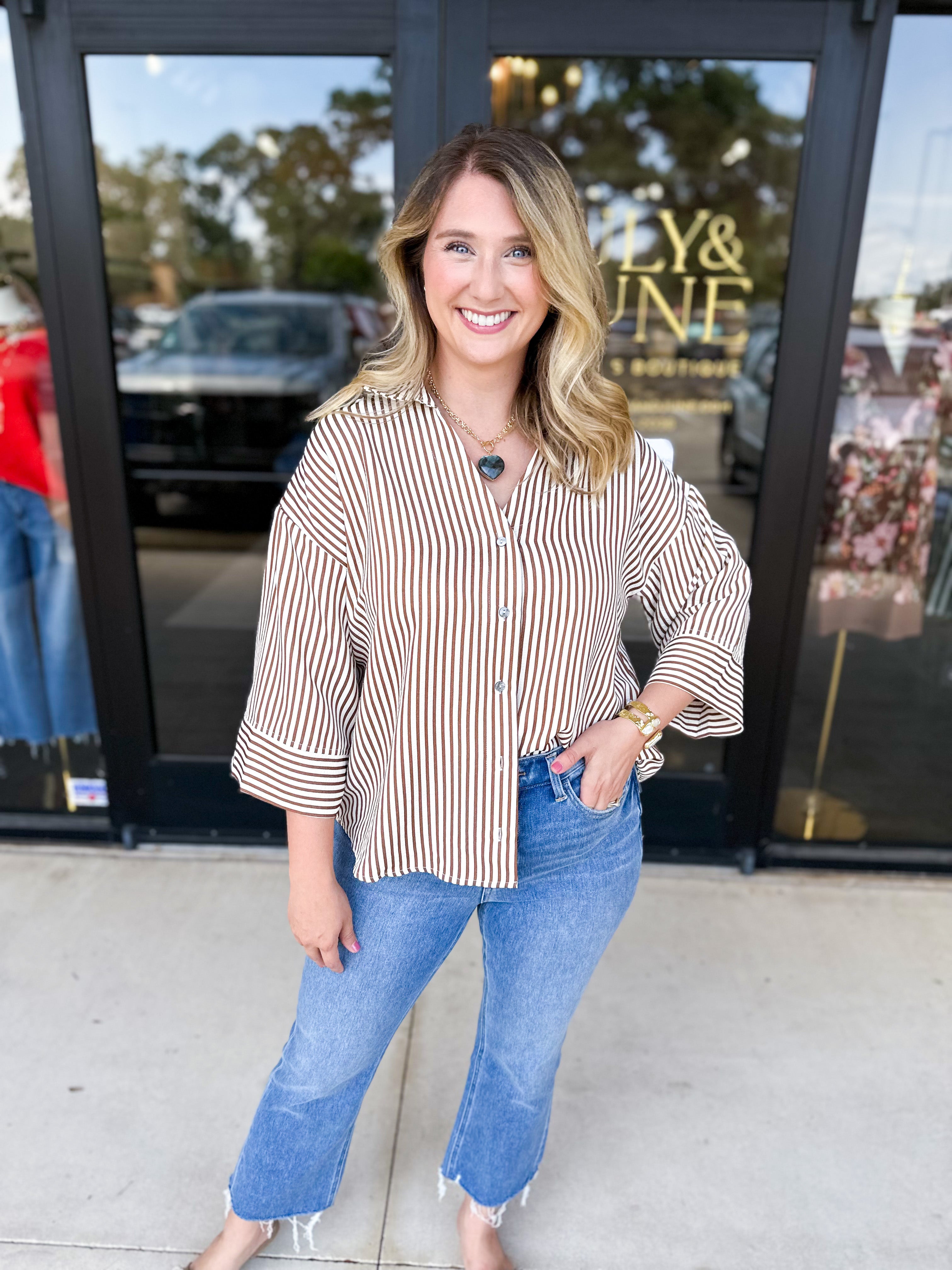 Chic Stripe Blouse - Brown-200 Fashion Blouses-ENTRO-July & June Women's Fashion Boutique Located in San Antonio, Texas