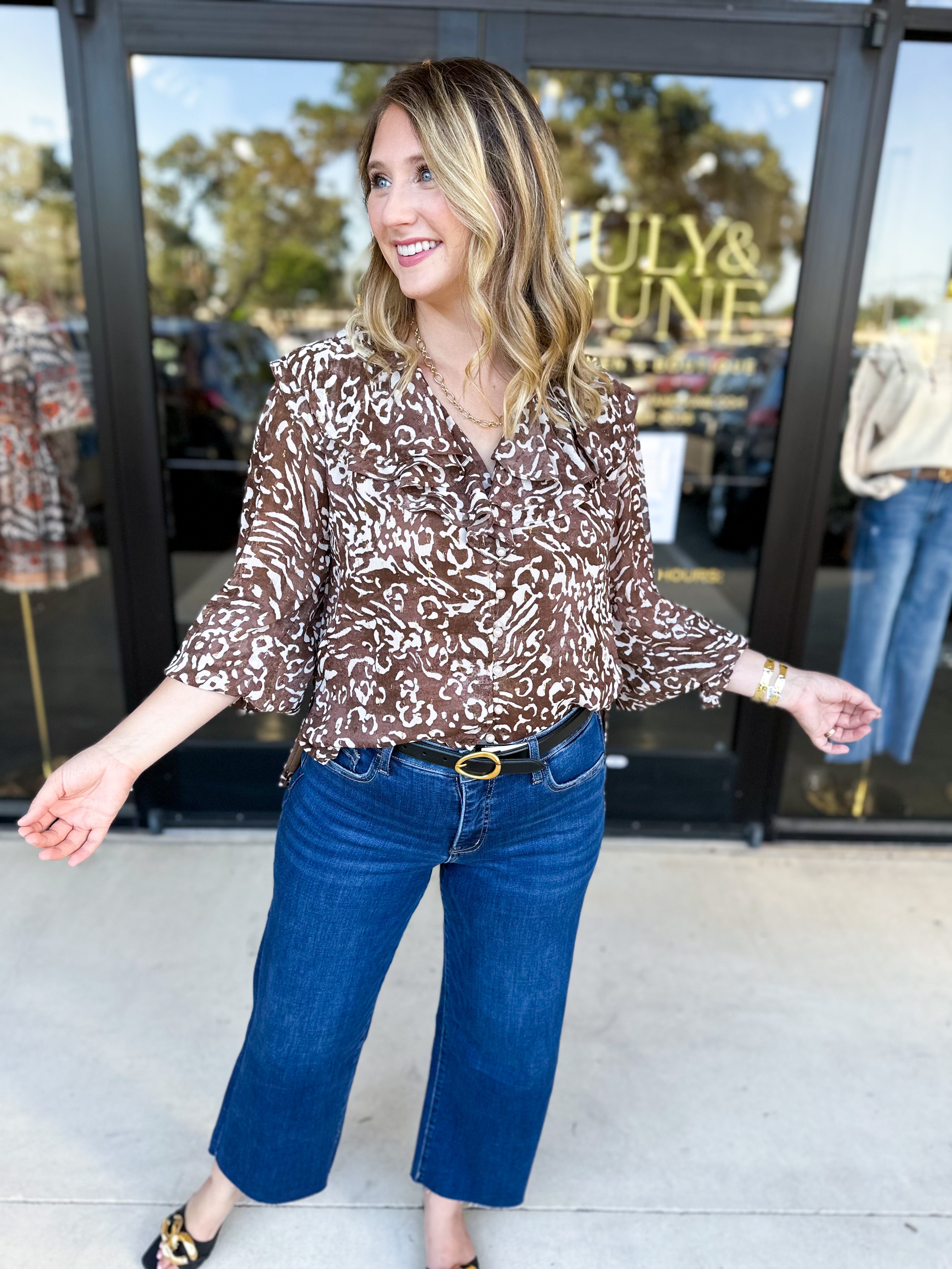 Mocha Cheetah & Ruffle Blouse-200 Fashion Blouses-FATE-July & June Women's Fashion Boutique Located in San Antonio, Texas