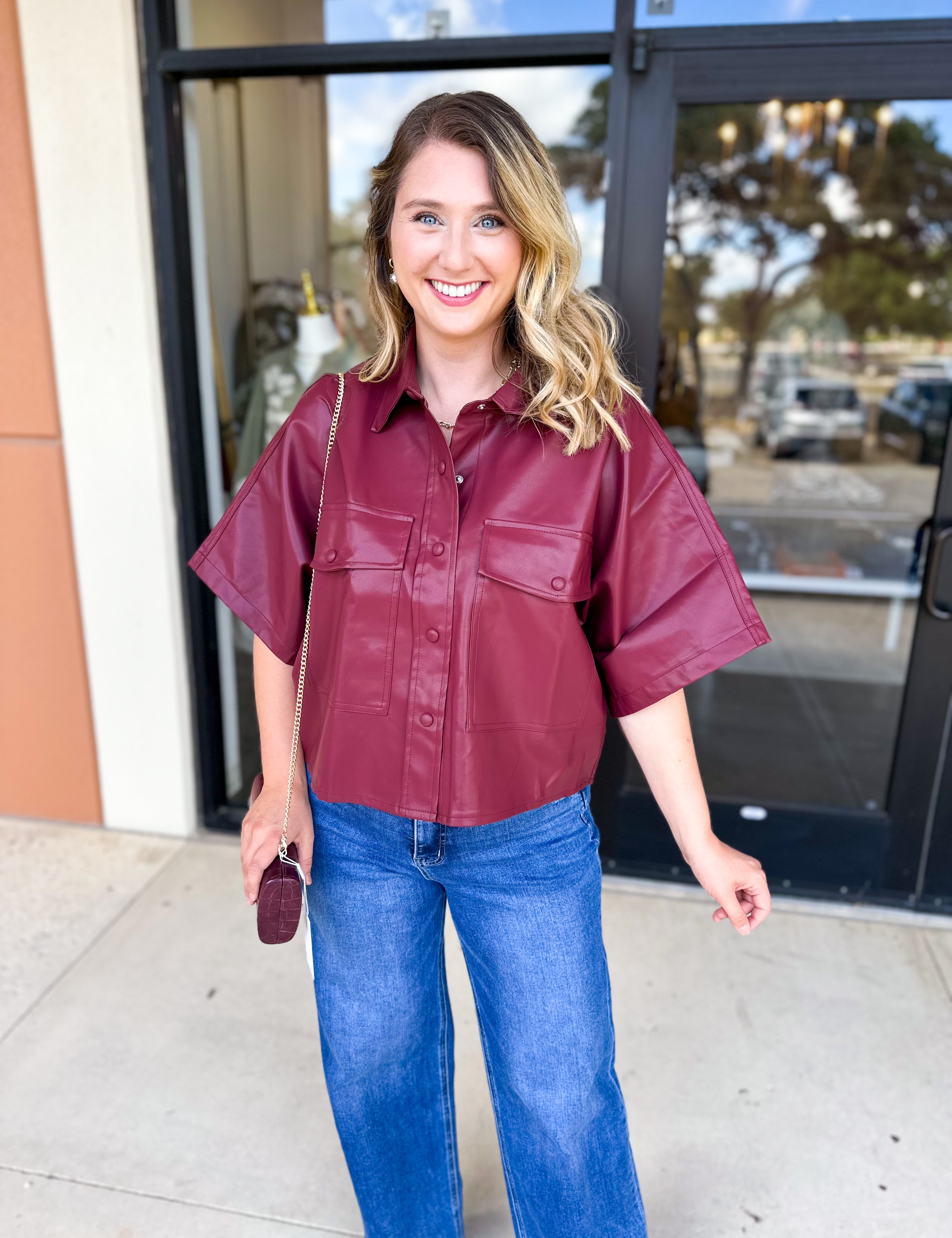 Utility Shirt Jacket - Wine-200 Fashion Blouses-GLAM-July & June Women's Fashion Boutique Located in San Antonio, Texas