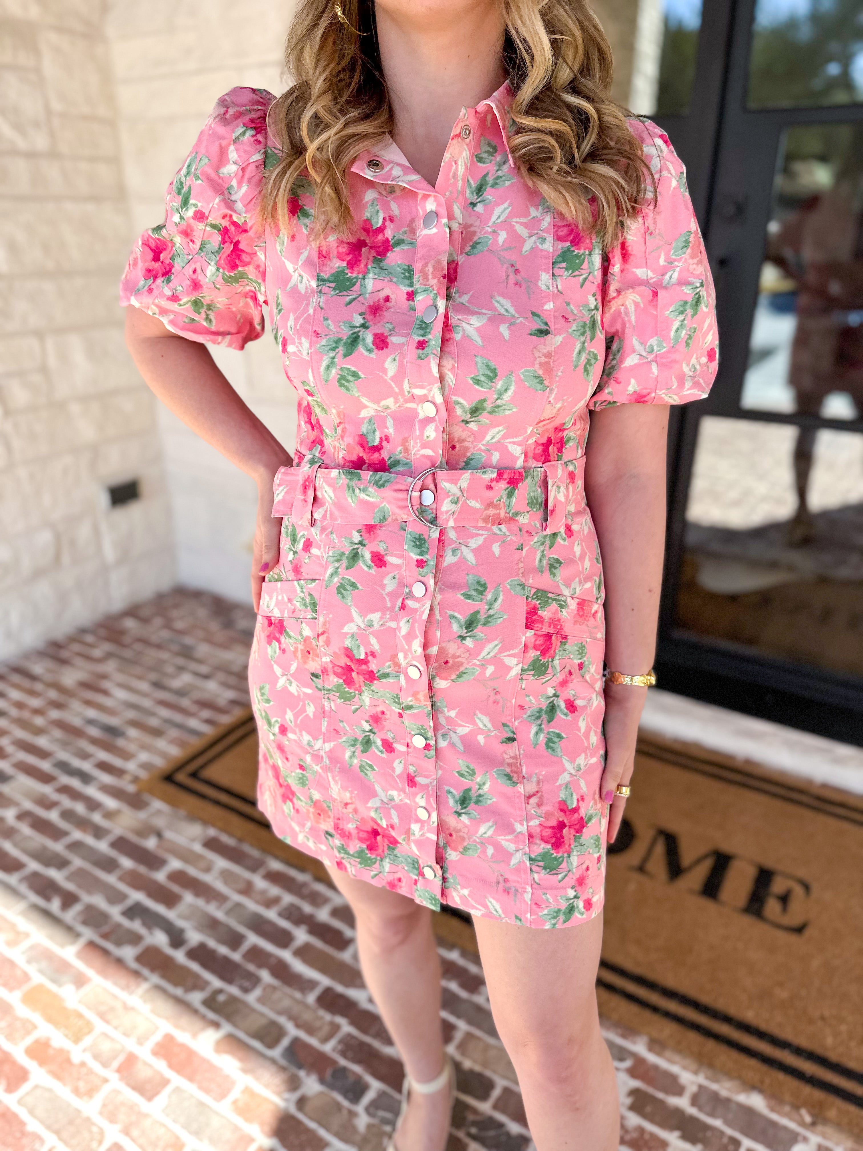 Pink Floral Denim Mini Dress-510 Mini-FATE-July & June Women's Fashion Boutique Located in San Antonio, Texas