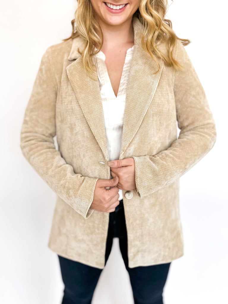 Champagne Textured Suede Blazer-600 Outerwear-CURRENT AIR CLOTHING-July & June Women's Fashion Boutique Located in San Antonio, Texas