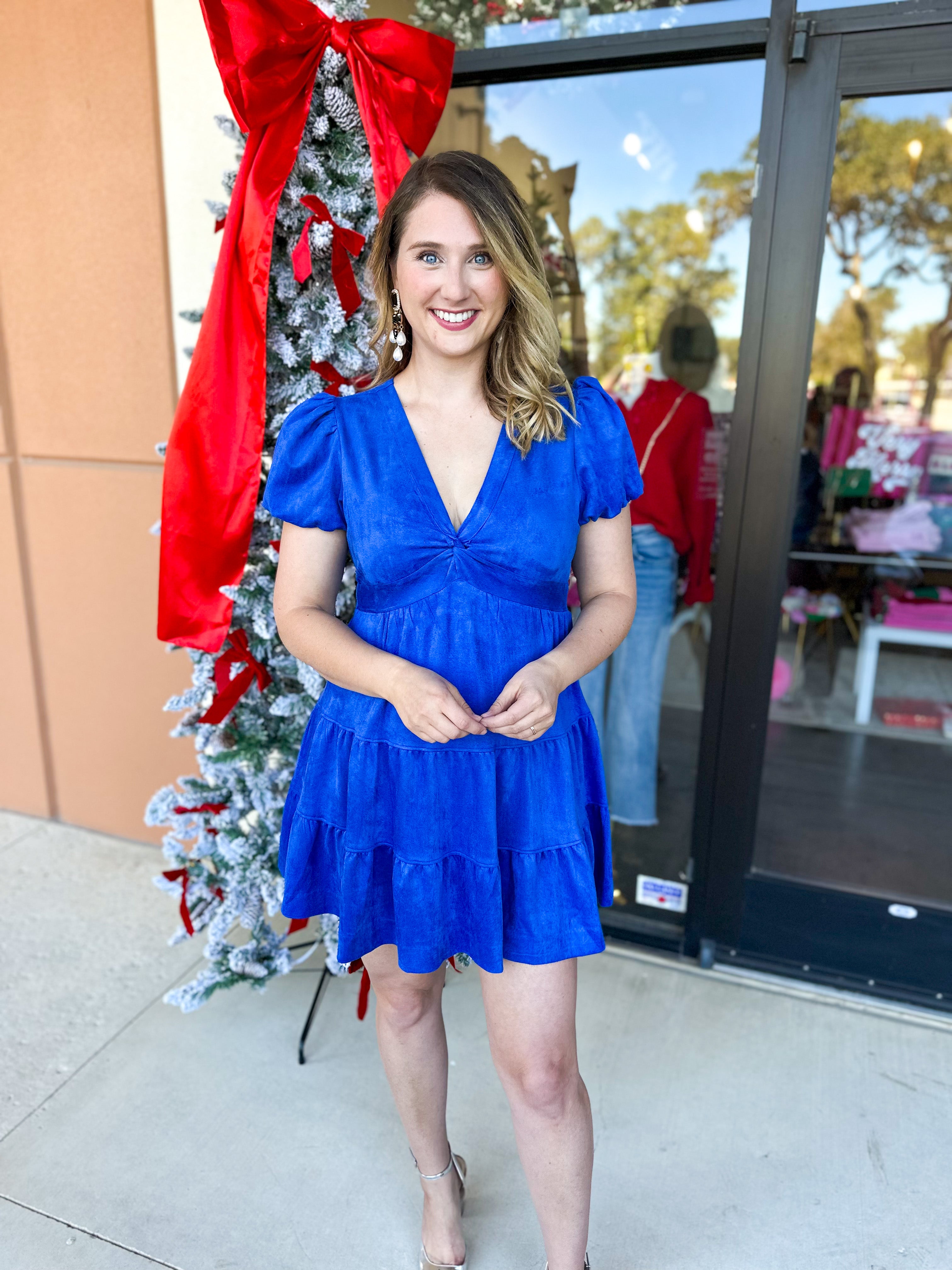 Talk of the Town Mini Dress- Cobalt Suede-510 Mini-SKIES ARE BLUE-July & June Women's Fashion Boutique Located in San Antonio, Texas