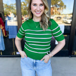 Short Sleeve Stripped Sweater Top - Kelly Green & Pink-230 Sweaters/Cardis-ALLIE ROSE-July & June Women's Fashion Boutique Located in San Antonio, Texas