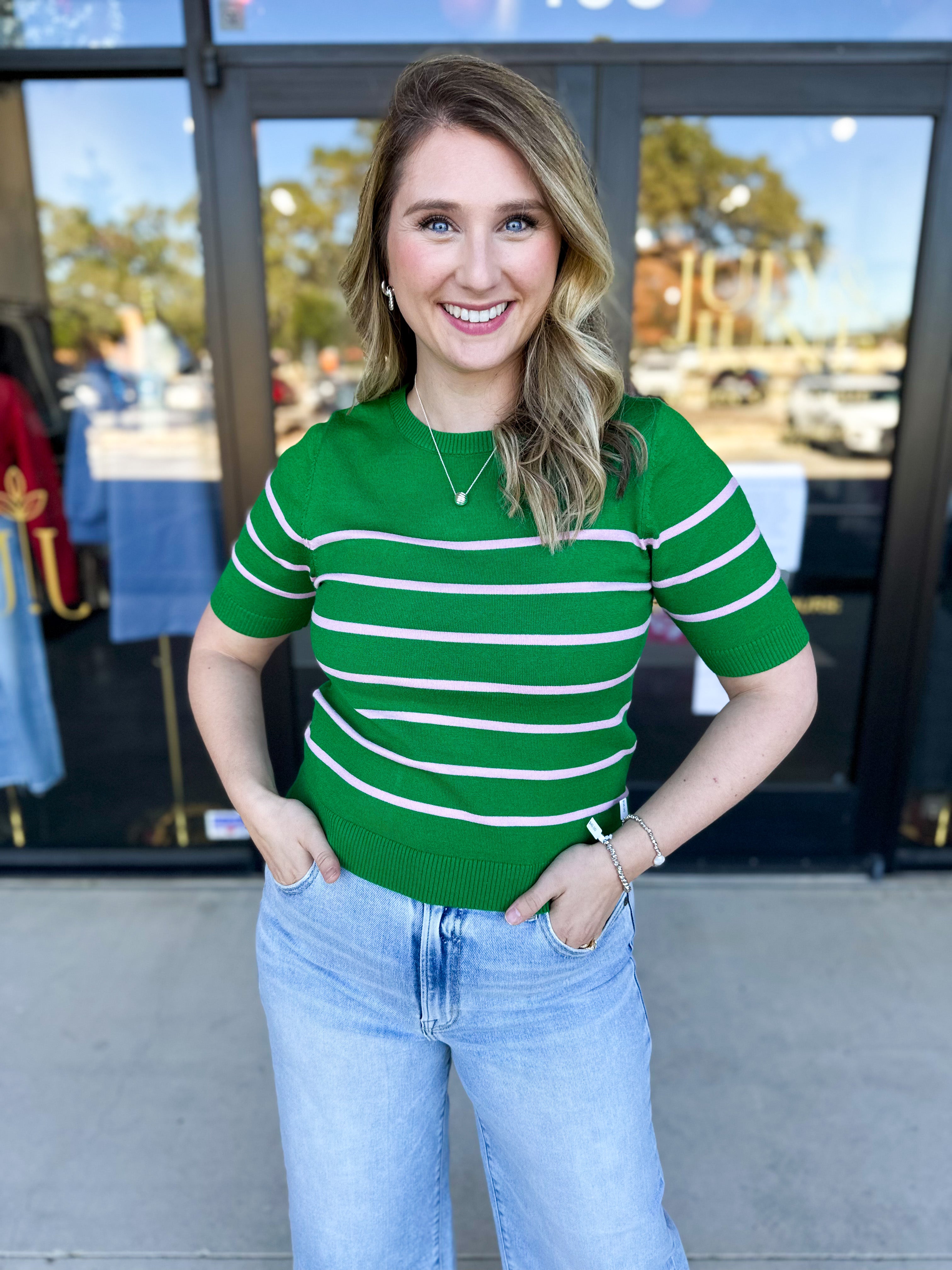 Short Sleeve Stripped Sweater Top - Kelly Green & Pink-230 Sweaters/Cardis-ALLIE ROSE-July & June Women's Fashion Boutique Located in San Antonio, Texas