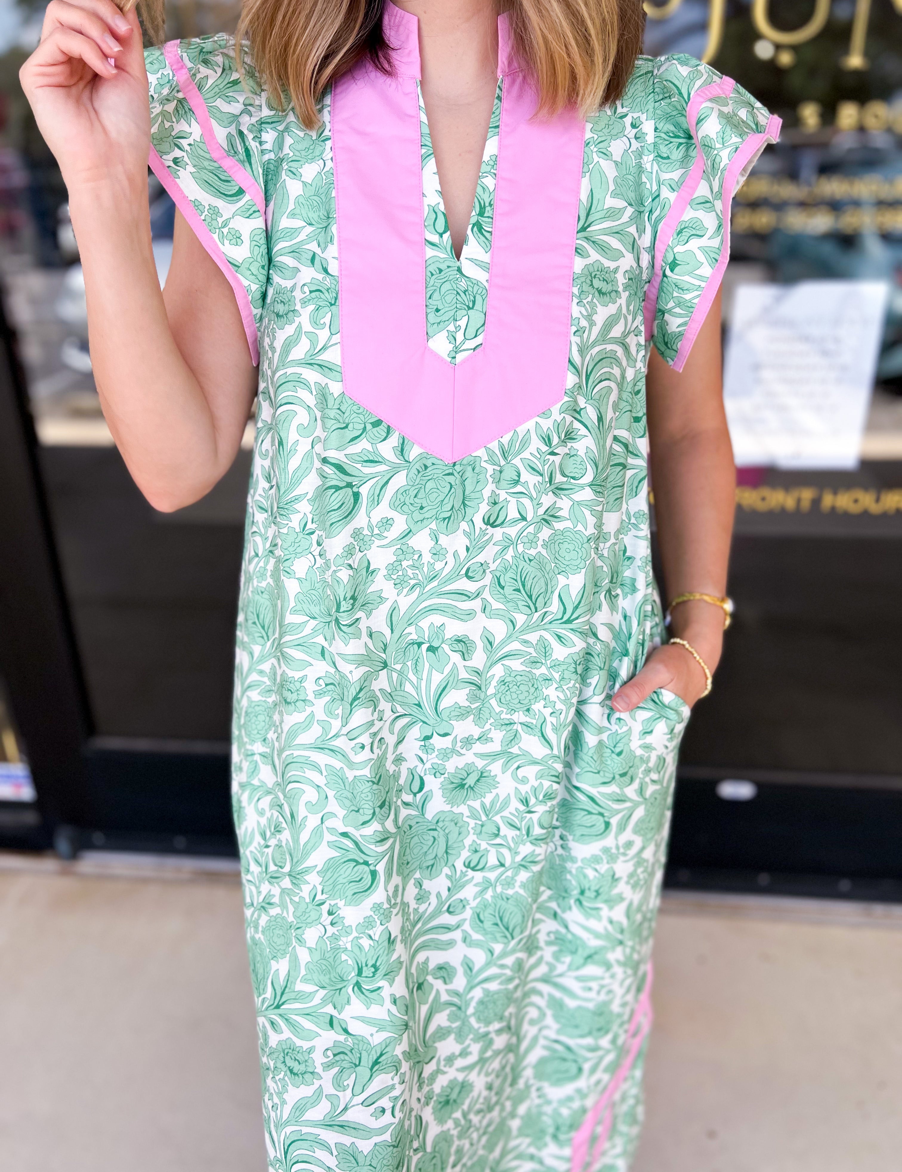 Pink & Green Caftan Midi Dress-500 Midi-ENTRO-July & June Women's Fashion Boutique Located in San Antonio, Texas