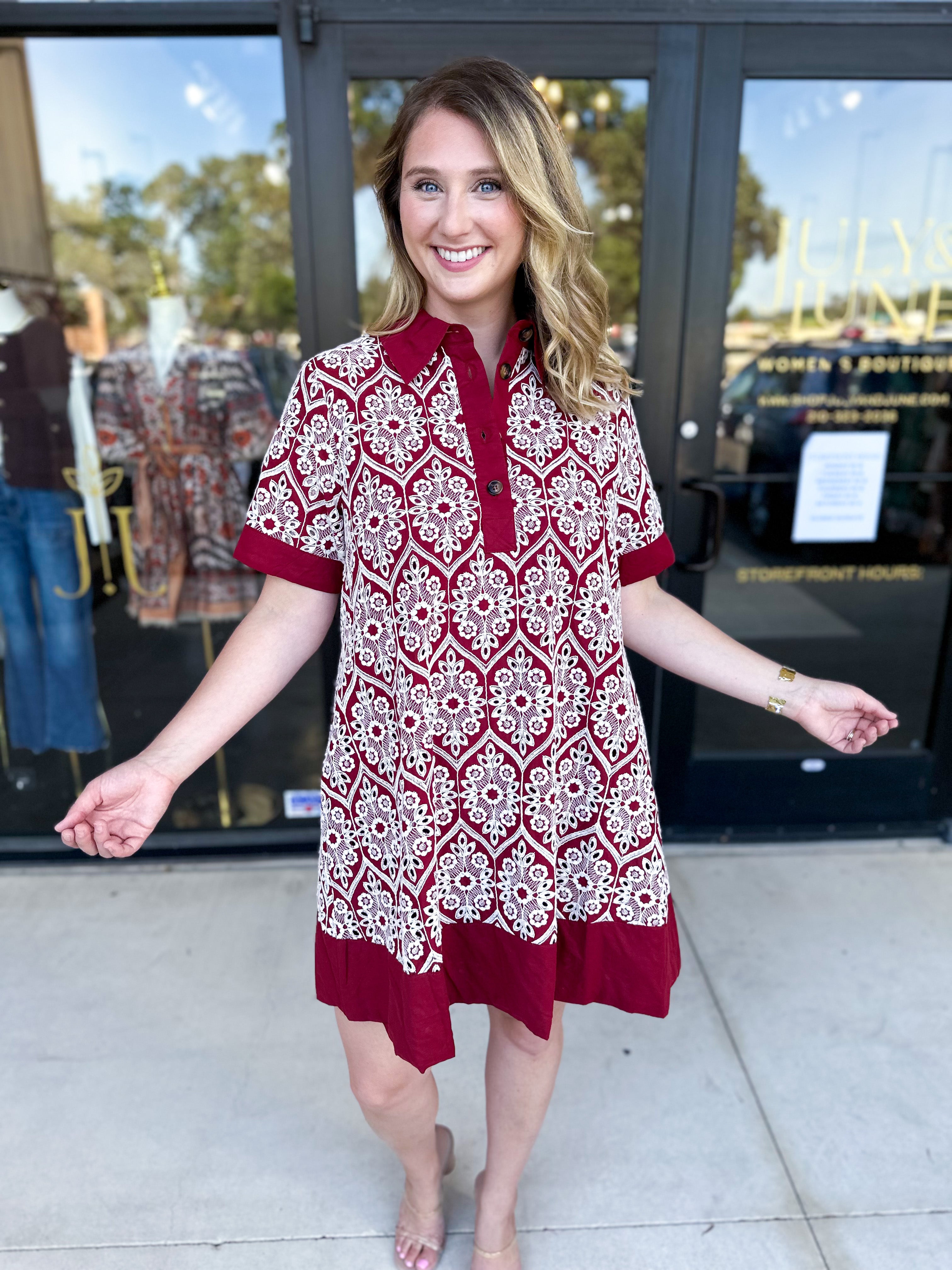 Burgundy Embroidered Mini Dress-510 Mini-ENTRO-July & June Women's Fashion Boutique Located in San Antonio, Texas