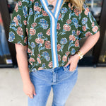 THML - Olive & Blush Floral Blouse-200 Fashion Blouses-THML-July & June Women's Fashion Boutique Located in San Antonio, Texas