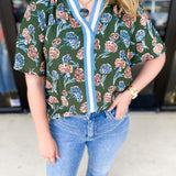 THML - Olive & Blush Floral Blouse-200 Fashion Blouses-THML-July & June Women's Fashion Boutique Located in San Antonio, Texas