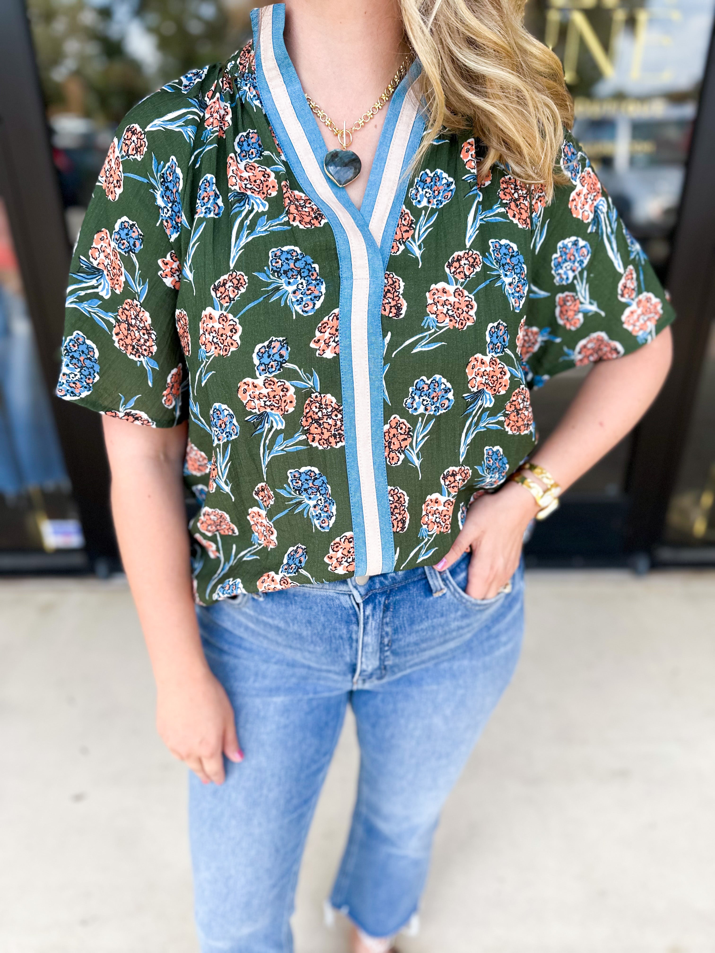 THML - Olive & Blush Floral Blouse-200 Fashion Blouses-THML-July & June Women's Fashion Boutique Located in San Antonio, Texas