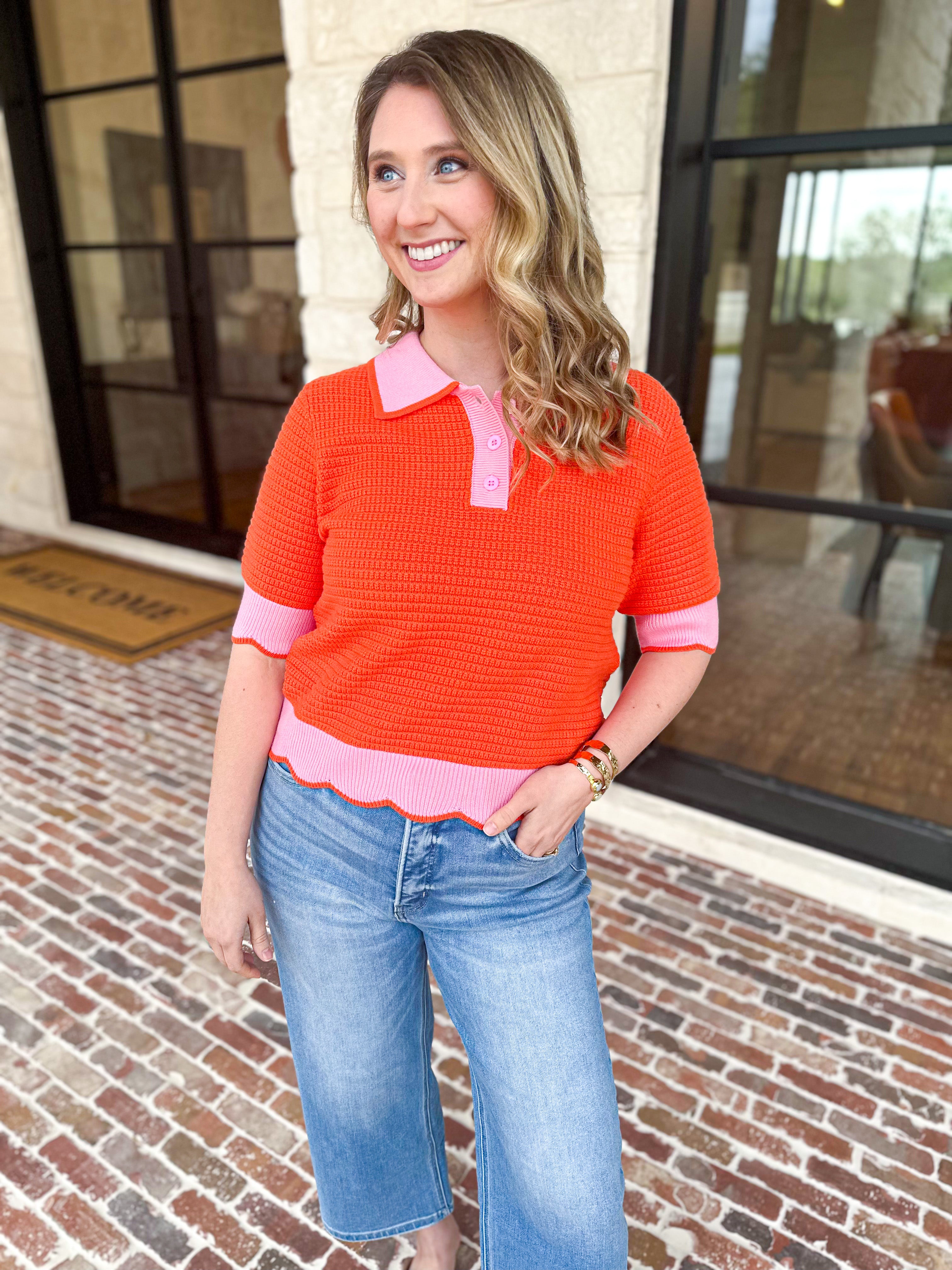 THML - Orange & Pink Collared Knit Top-230 Sweaters/Cardis-THML-July & June Women's Fashion Boutique Located in San Antonio, Texas