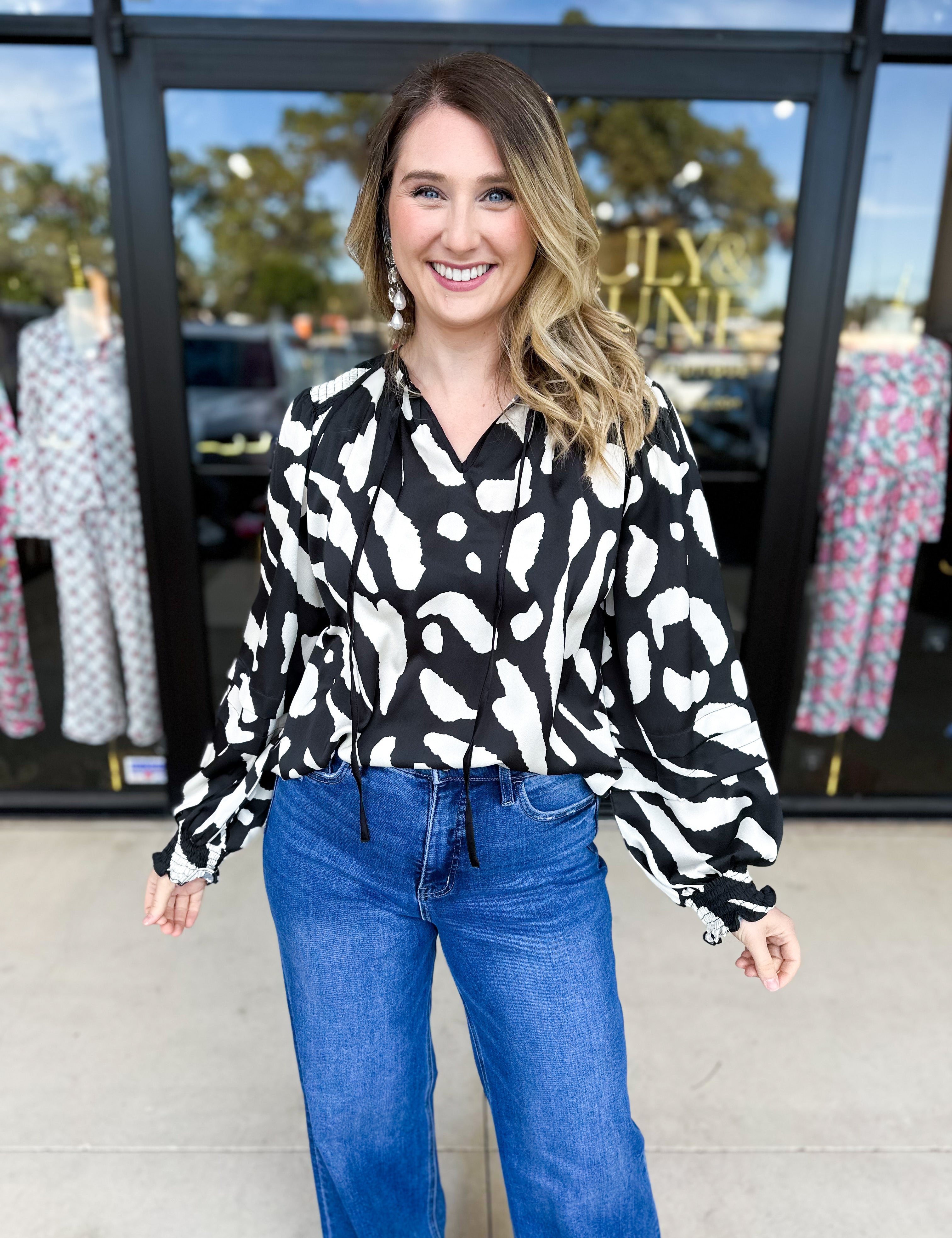 Abstract Black & White Blouse-200 Fashion Blouses-FATE-July & June Women's Fashion Boutique Located in San Antonio, Texas